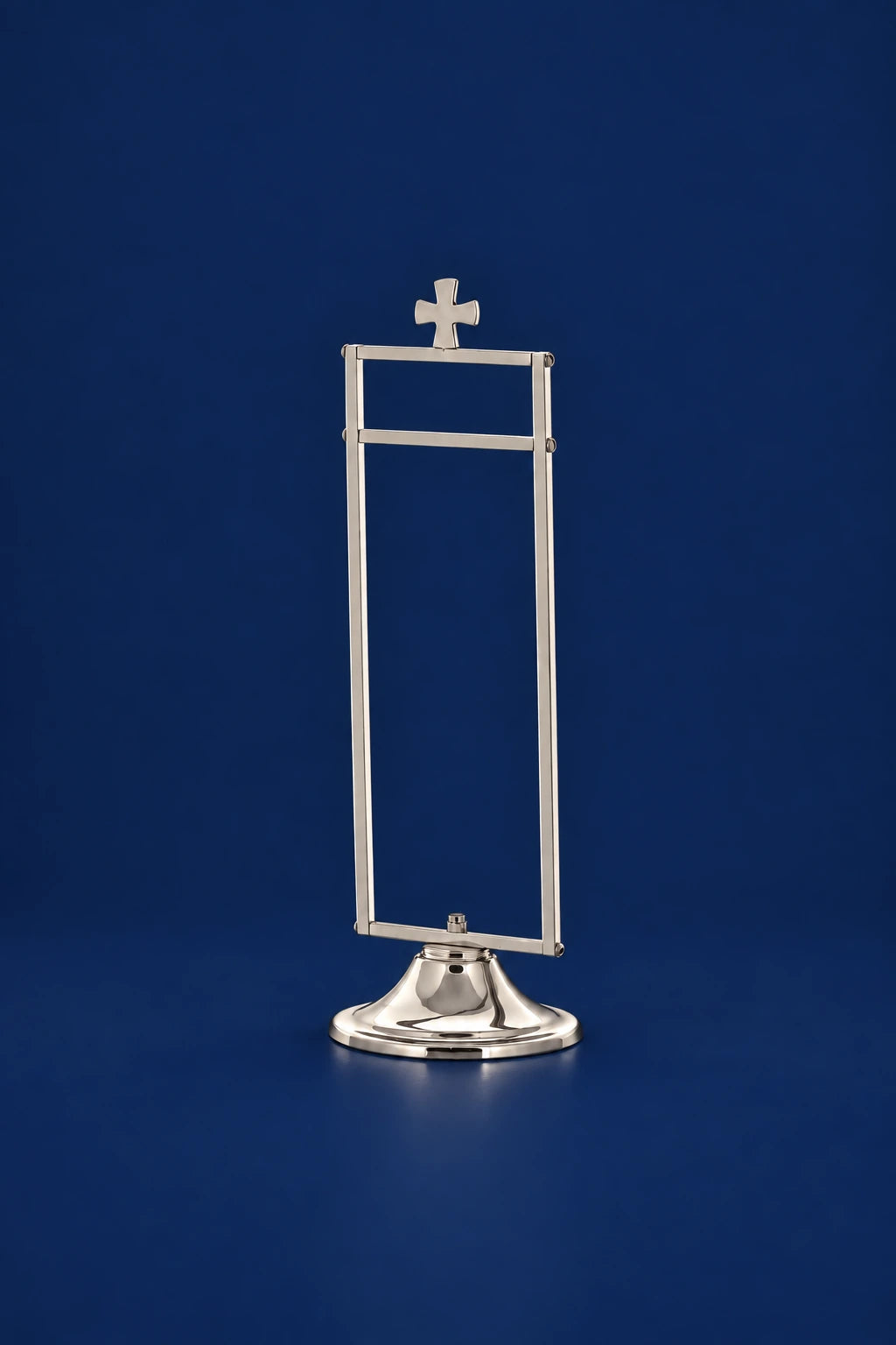 Purificator holder with nickel-plated brass construction, front view with a cross and polished silver finish