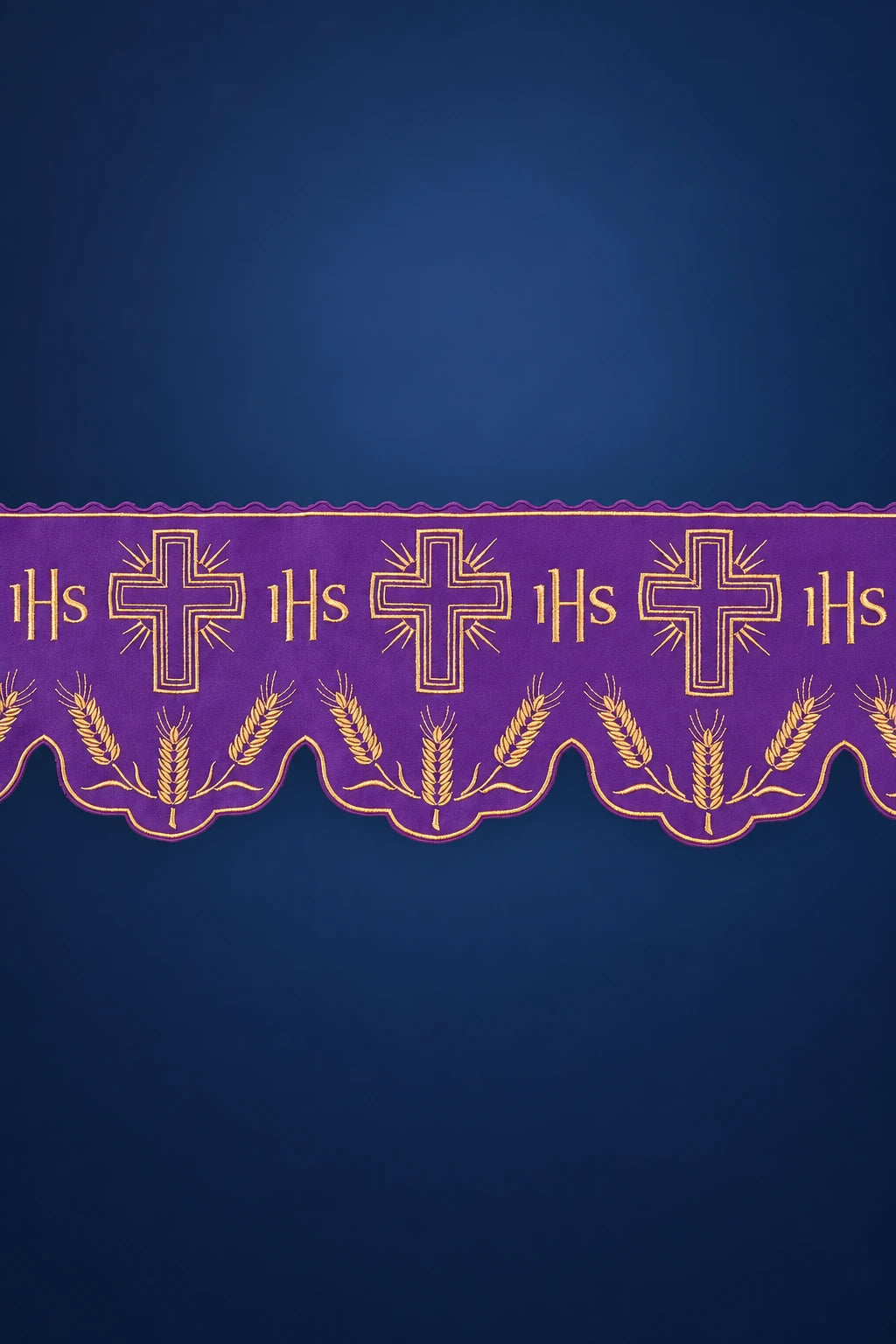 Purple altar lace trim with IHS monograms, cross motifs, and scalloped wheat embroidery close-up