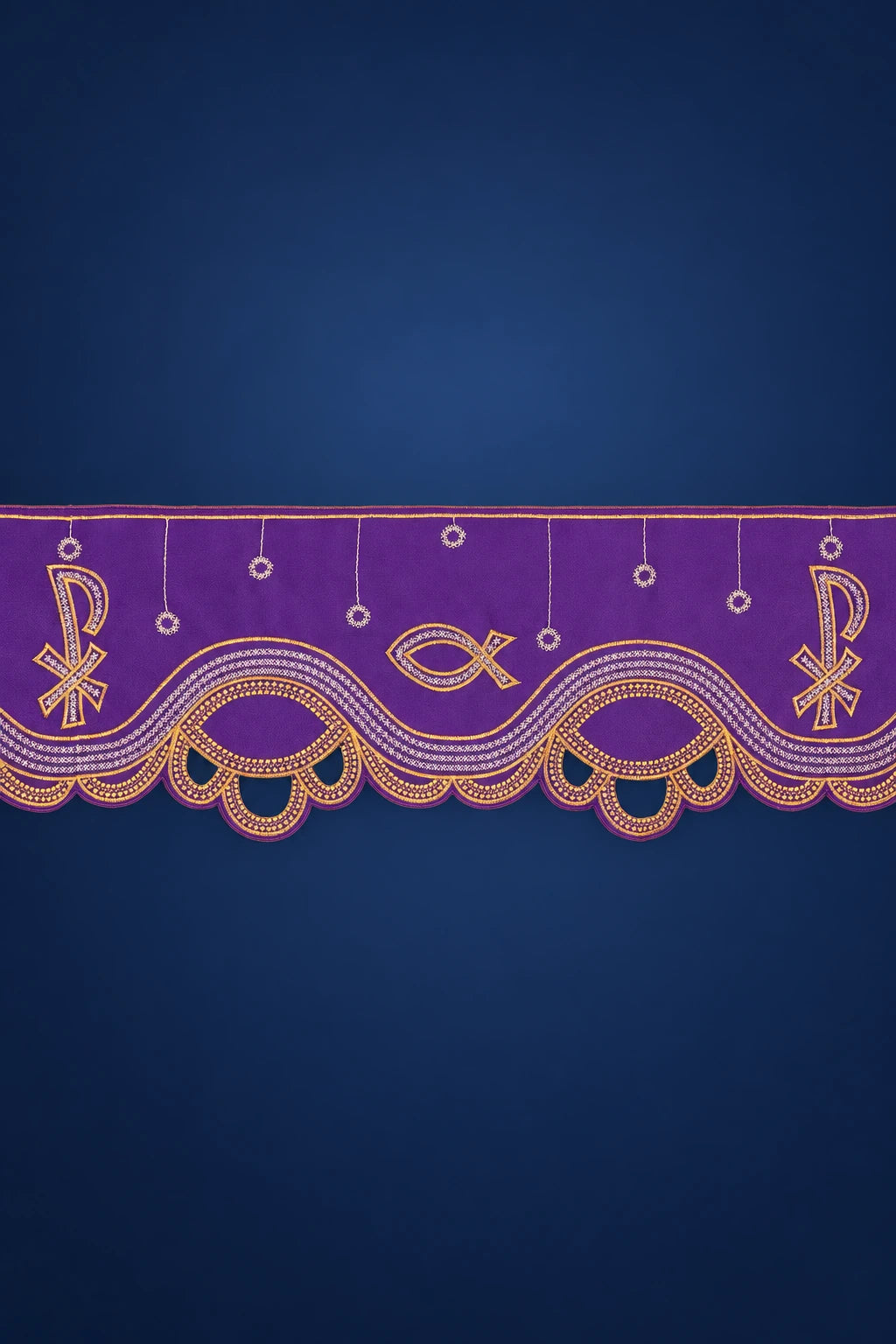 Purple altar lace trim with PAX embroidery and scalloped border, shown in a straight horizontal close-up