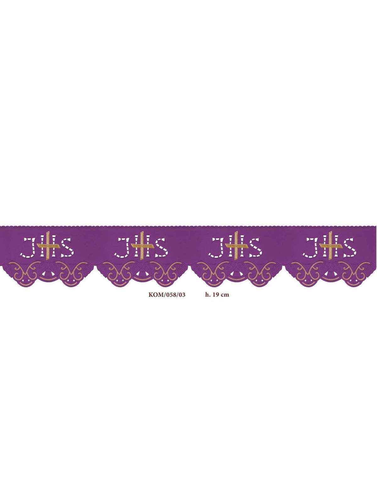 Purple altar lace trim with repeated IHS cross embroidery and scalloped edge, shown in close-up