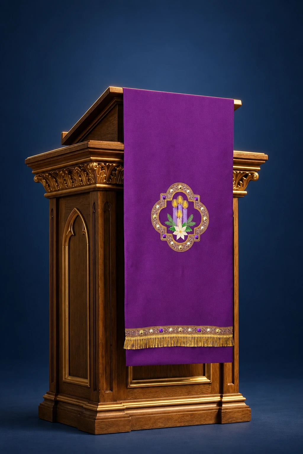 Purple lectern cover front view with Advent candle embroidery and gold fringe
