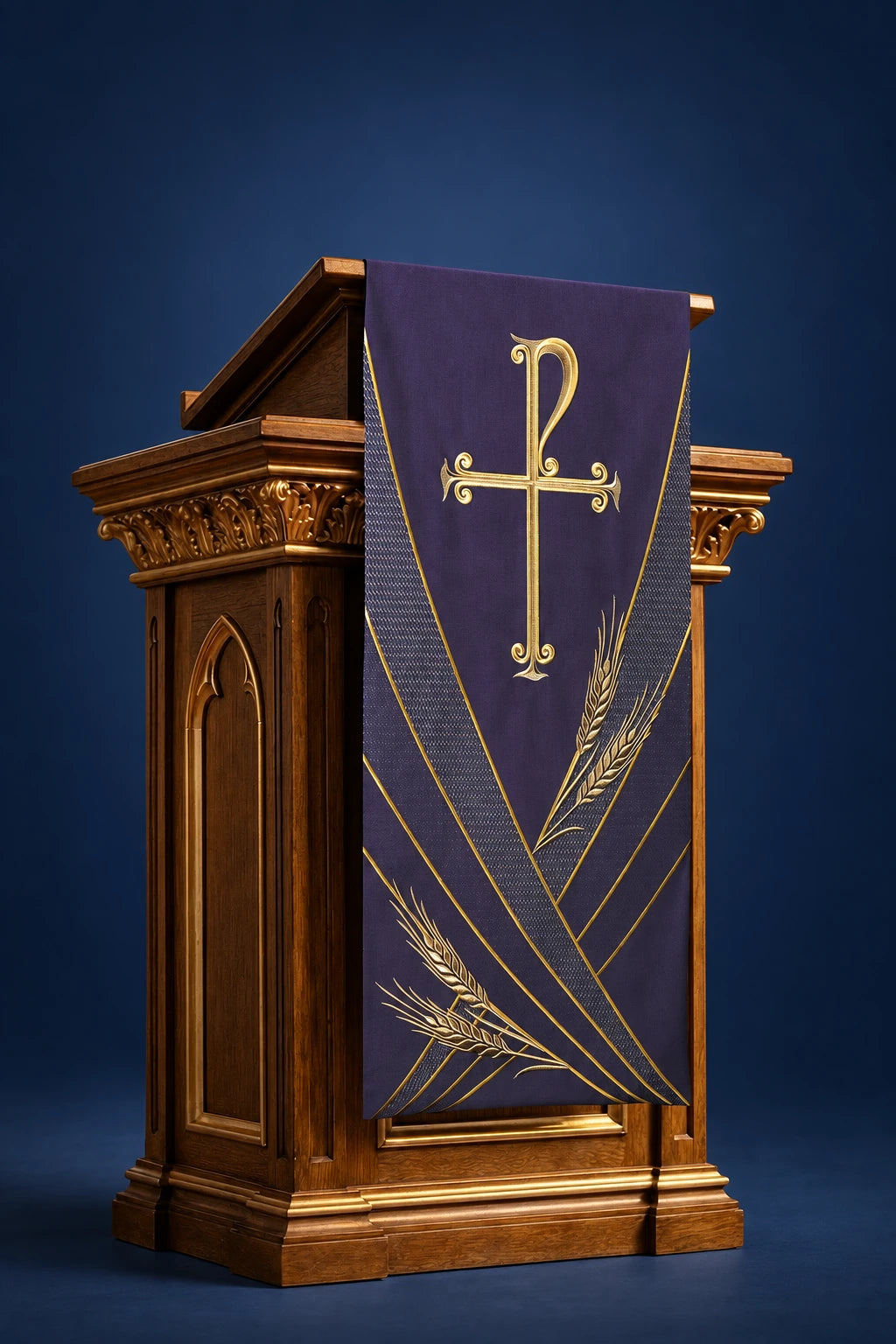 Purple lectern cover with gold Pax cross and wheat embroidery, front view, hanging straight down