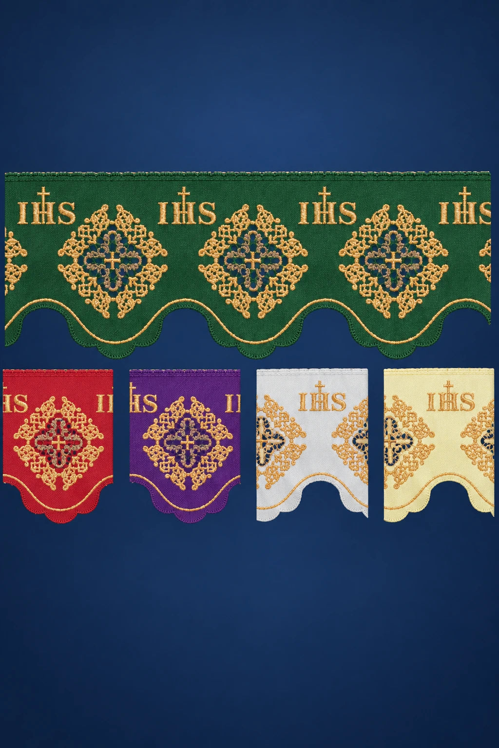Red altar lace with scalloped front trim, IHS and rosette embroidery in green, red, purple, white and gold