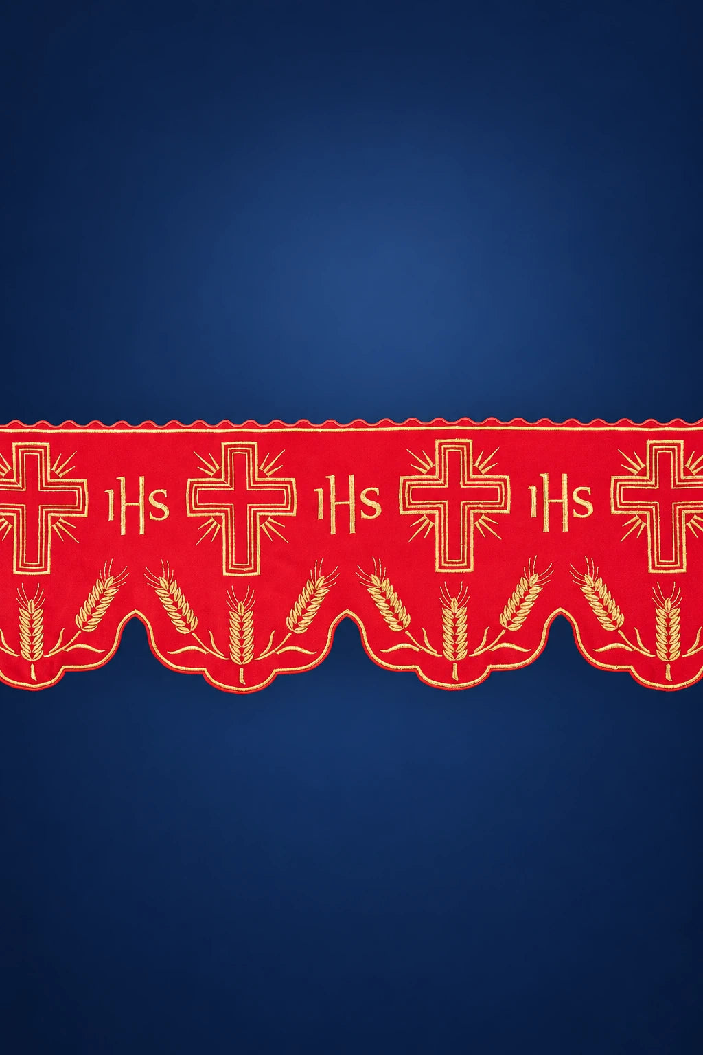 Red altar lace trim with repeated IHS monograms and cross motifs, scalloped edge close-up