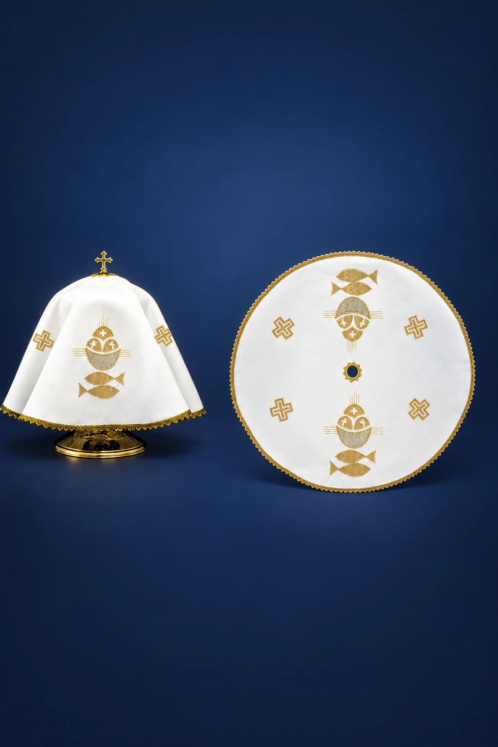 Round ciborium veil, top and side views, white with gold fish motif and cross accents