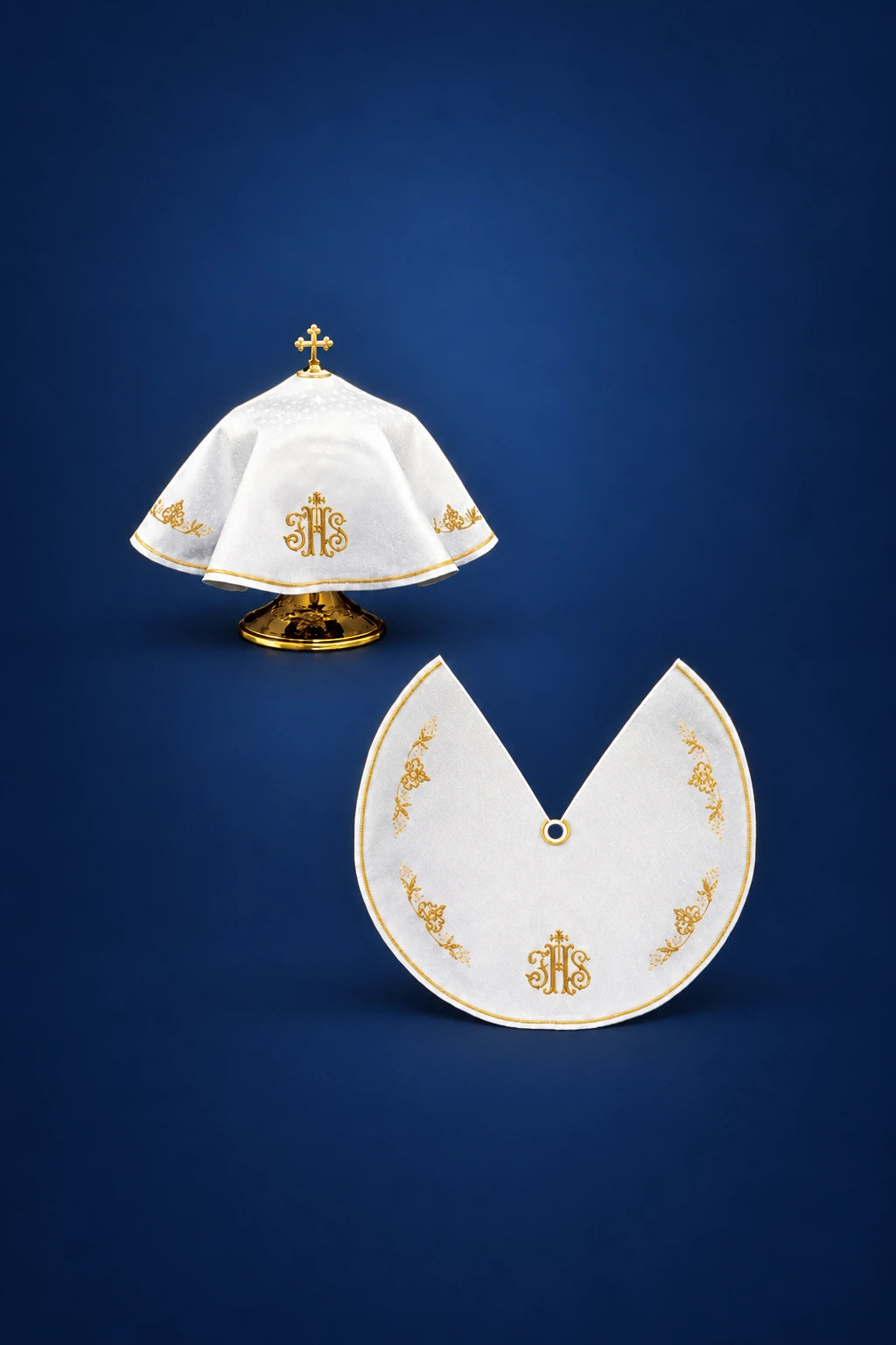 Round white ciborium veil with gold trim and embroidered IHS motif, shown front and top view
