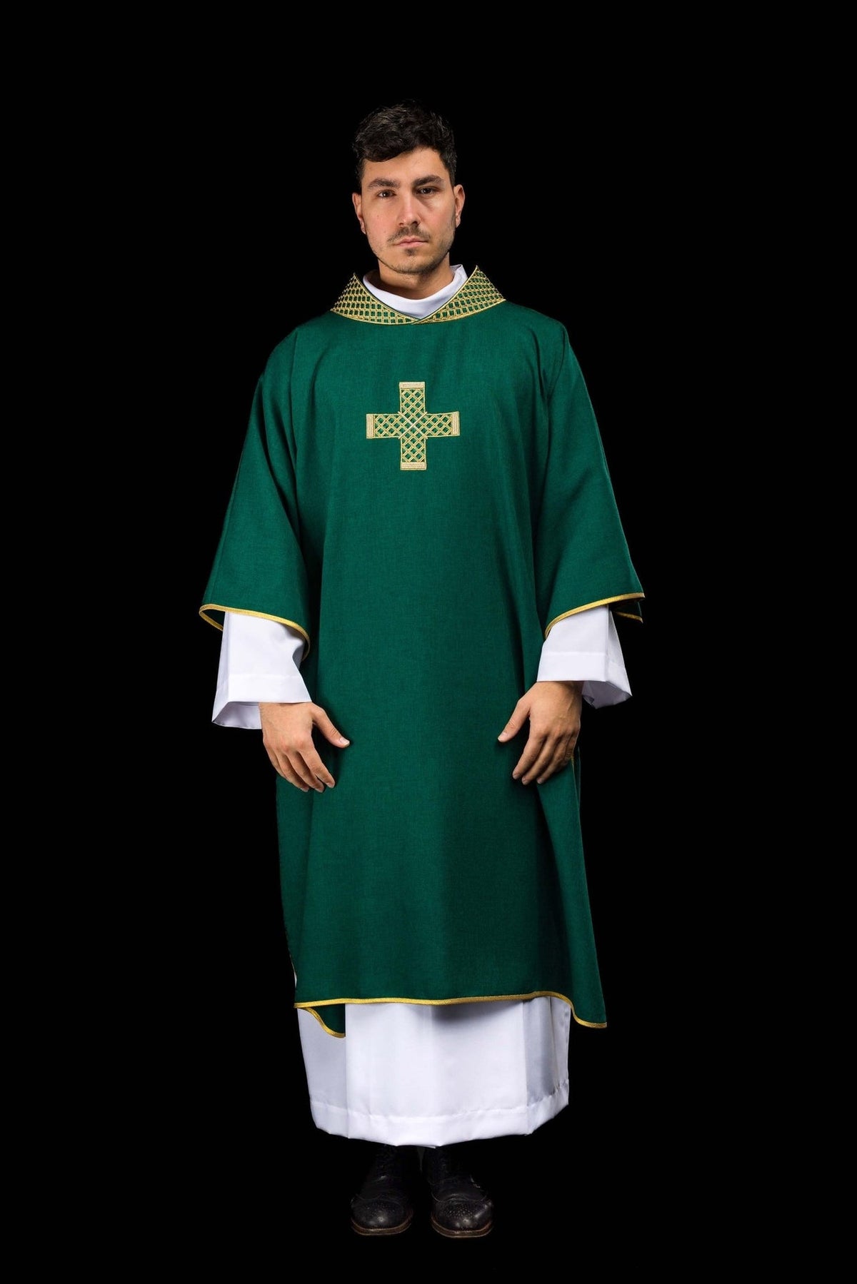 Green dalmatic front view with gold embroidered cross and trimmed sleeves