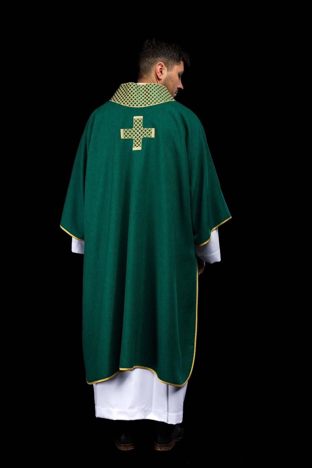 Green dalmatic back view with gold embroidered cross and collar