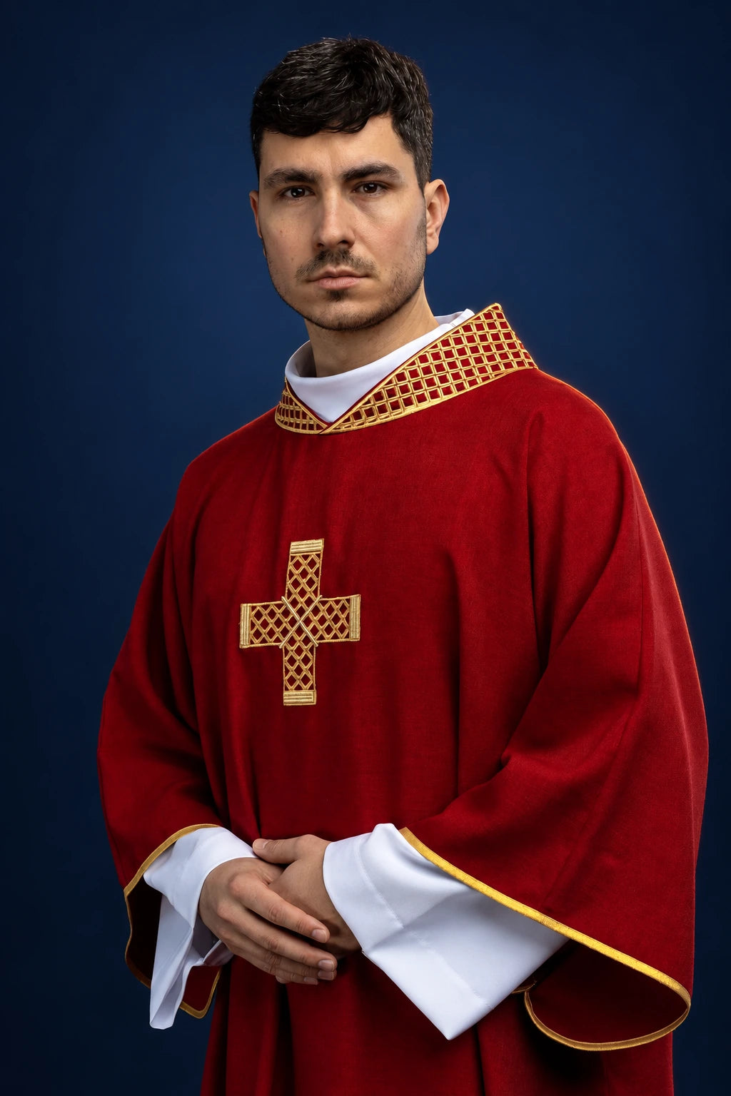 Red Dalmatic with Embroidered Gold Crosses and Collar, front view worn