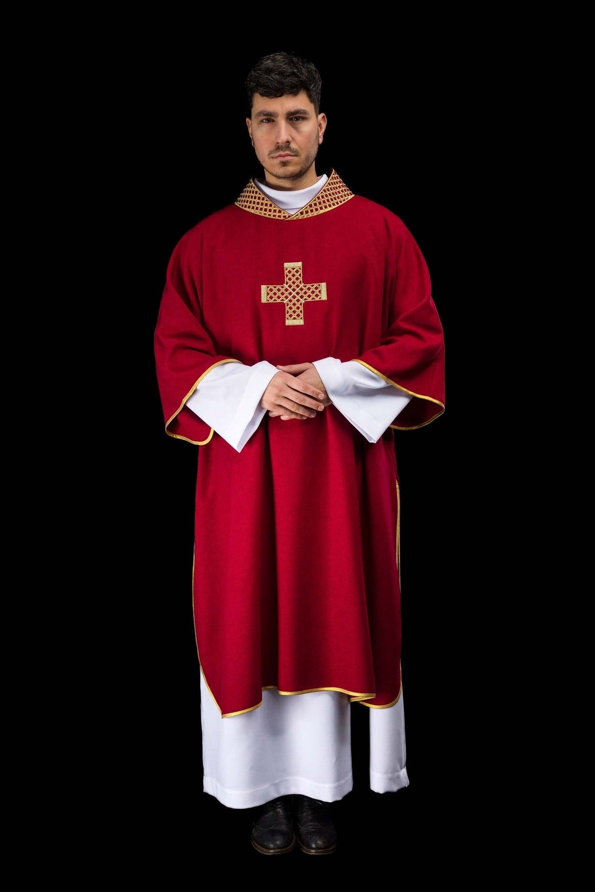 Red dalmatic front view with embroidered gold cross and collar