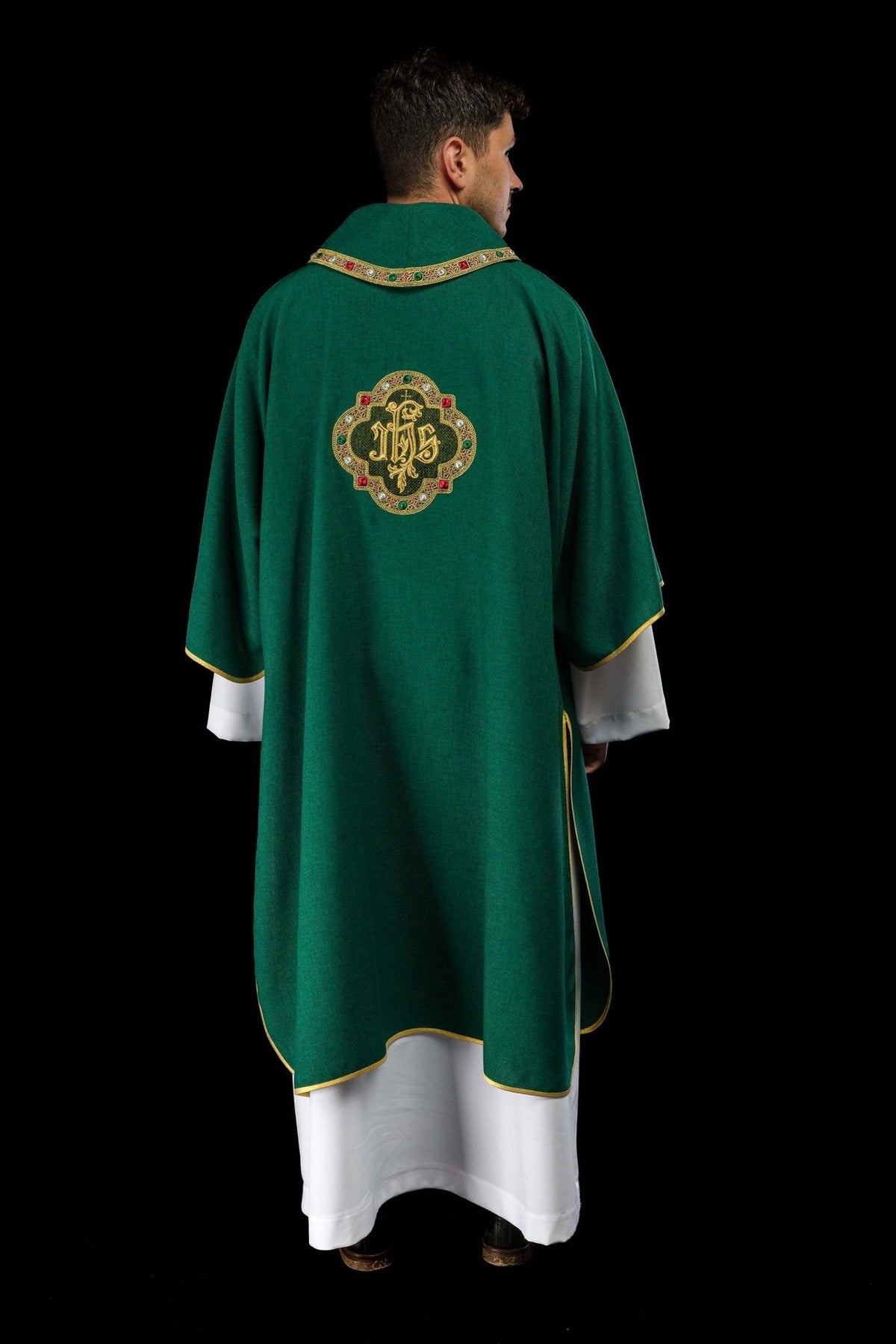 Green dalmatic, full back view with embroidered IHS symbol