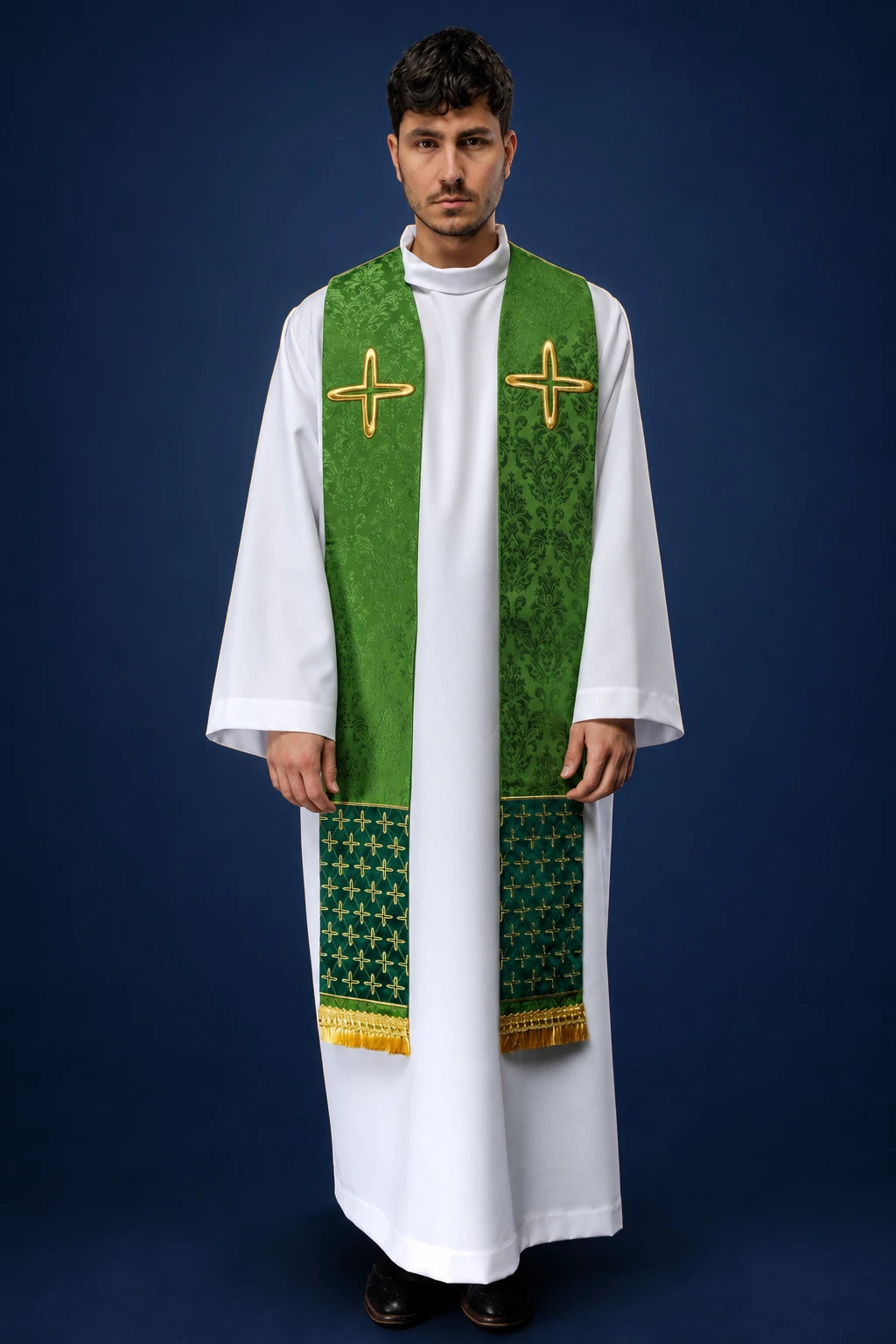 Green Embroidered Jacquard Stole with Cross Motifs, front view worn with gold cross embroidery