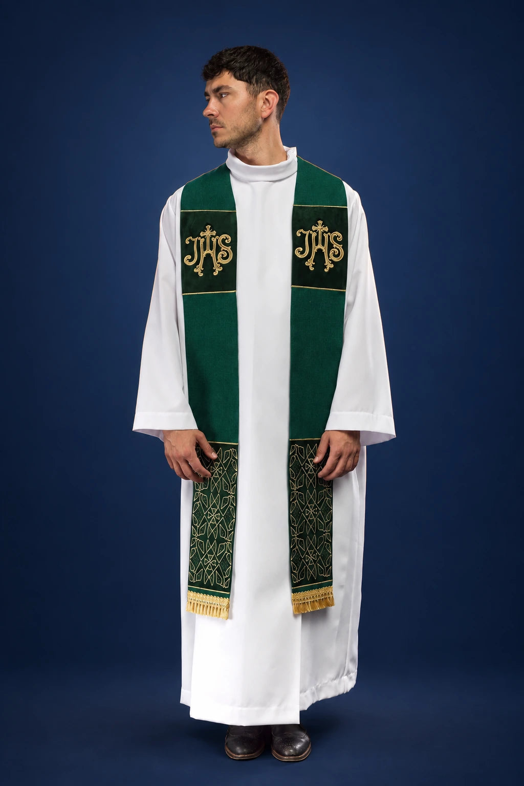 Green Embroidered Velvet Stole with IHS Motif worn front view with gold embroidery and fringe