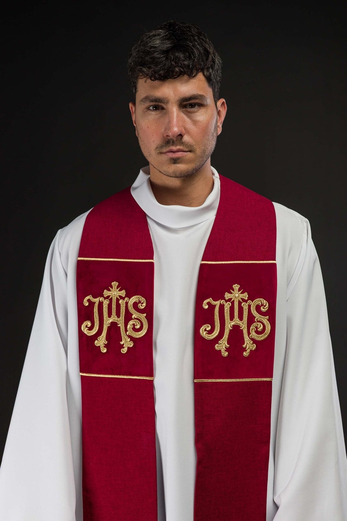 Red velvet stole, front close-up showing gold IHS embroidery and trim