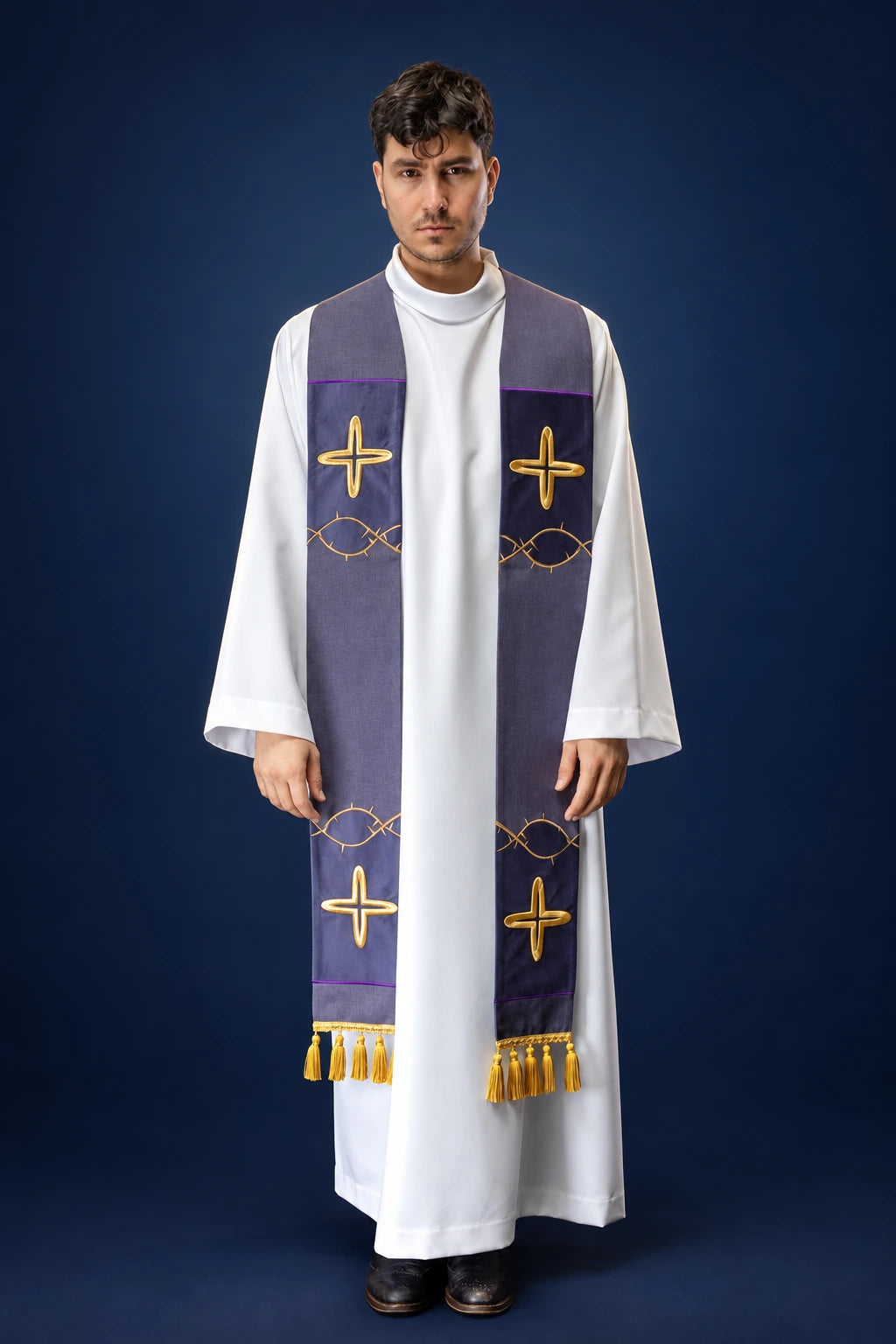 Embroidered Purple Stole with Crosses for Lent, front view with gold crosses, thorn motifs and tassels