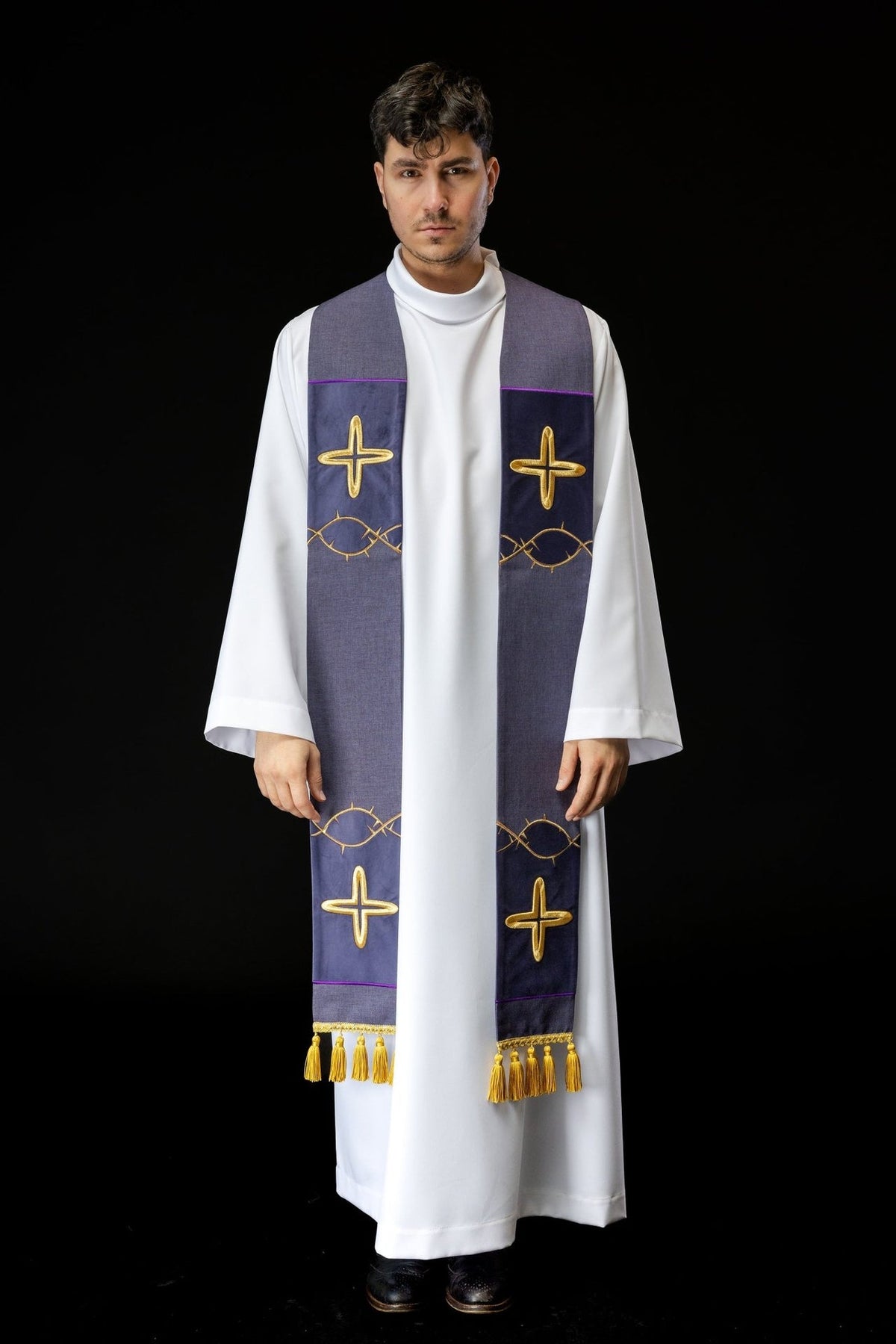 Purple stole full front view with gold cross and thorn embroidery