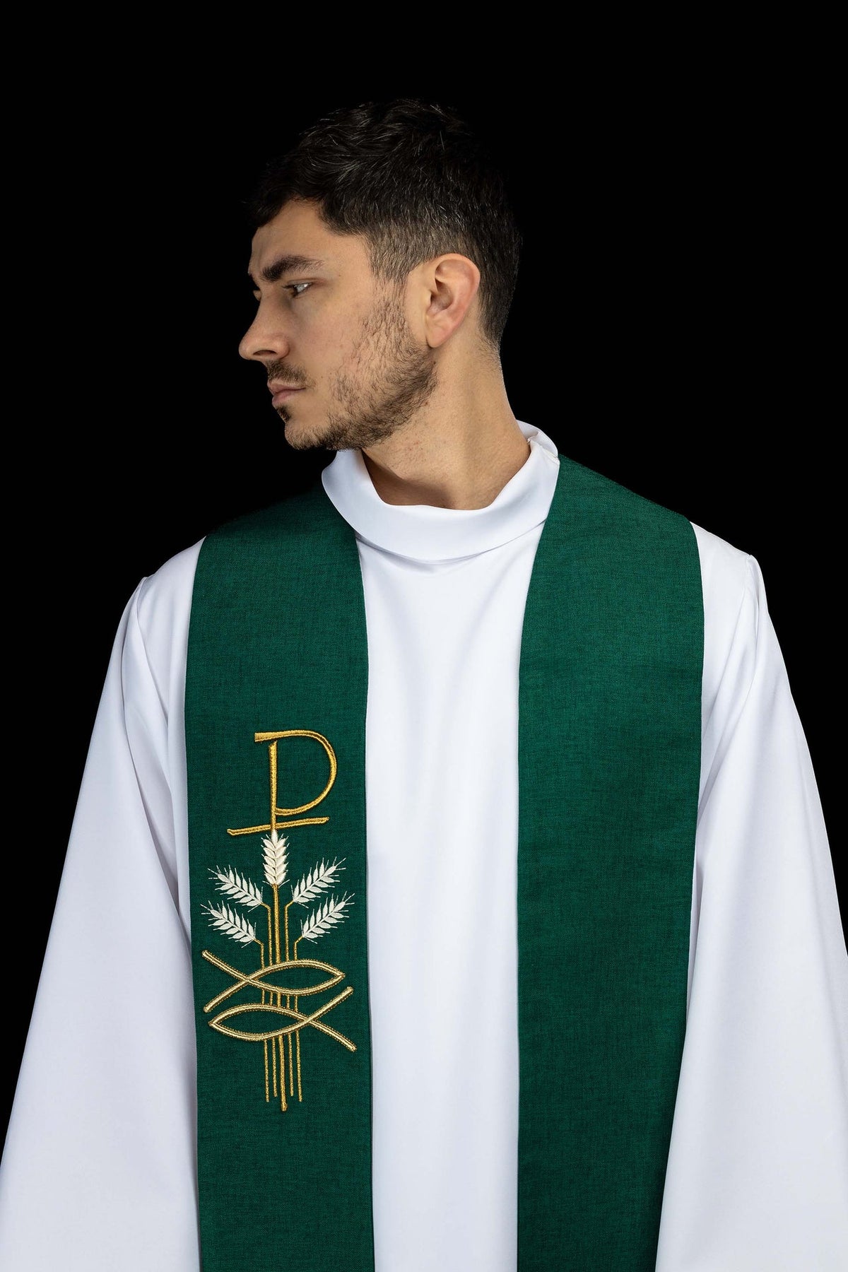 Green stole shoulder detail with embroidered cross