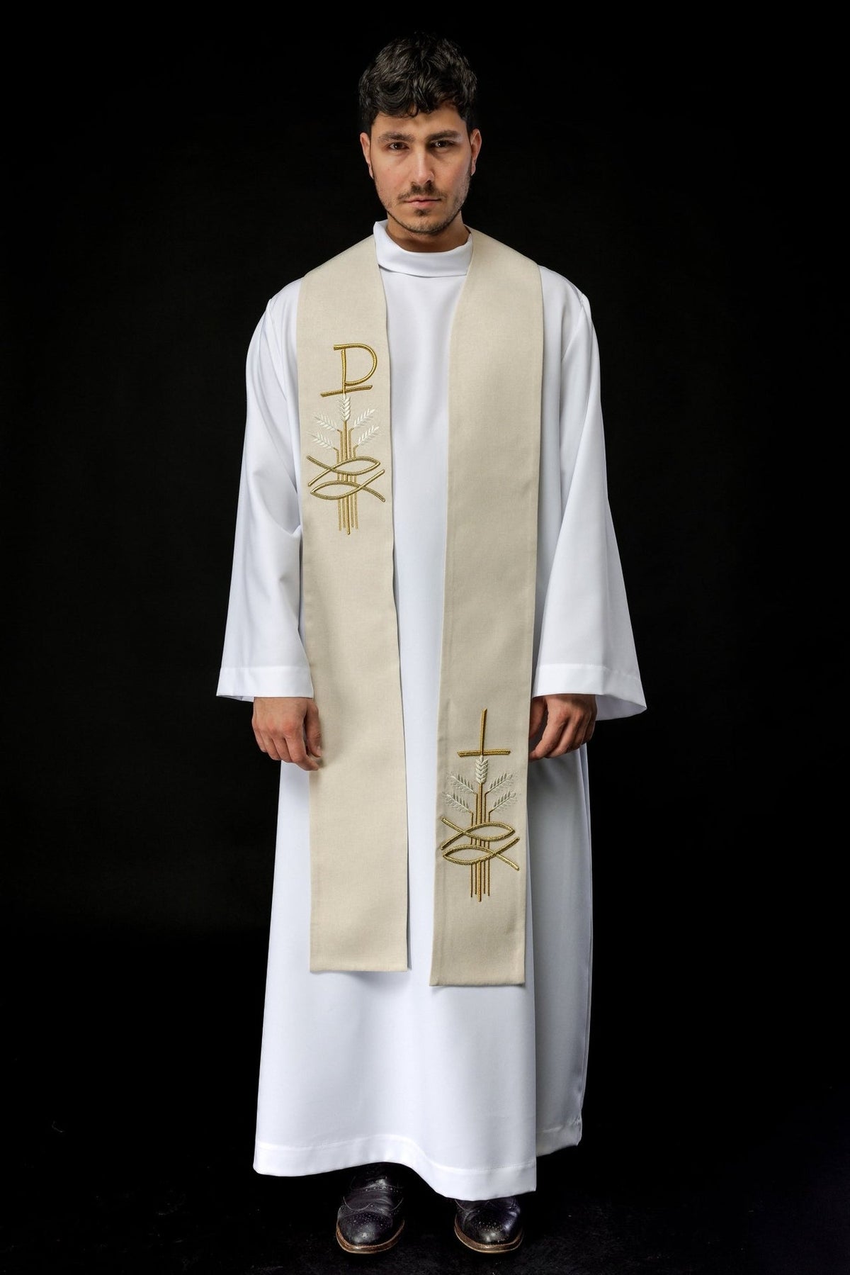 Ecru embroidered stole worn in a full front view
