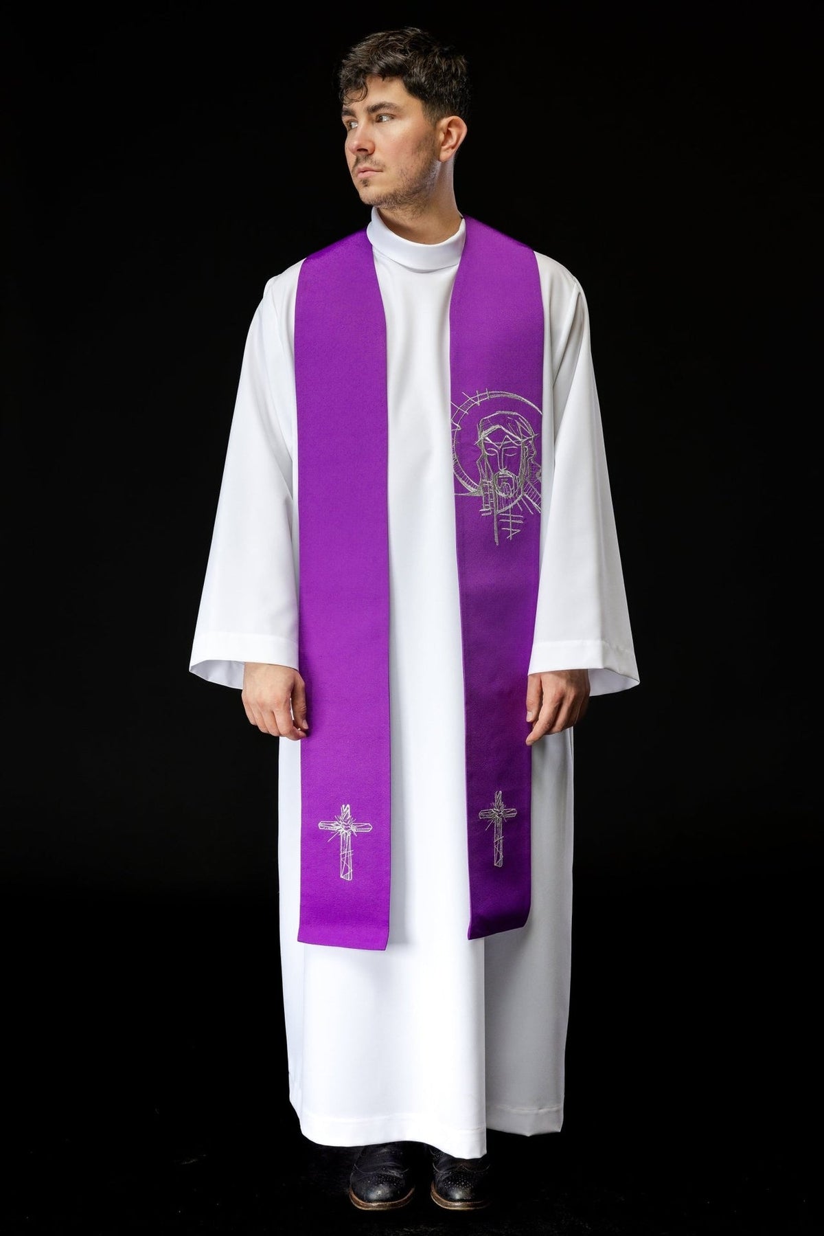 Lent stole worn front view with Jesus and cross embroidery