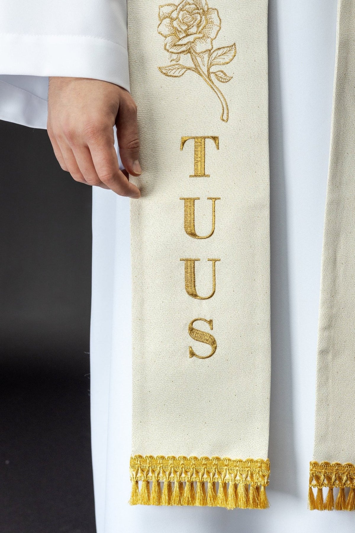 John Paul II stole detail showing gold TOTUS TUUS embroidery, rose and decorative fringe