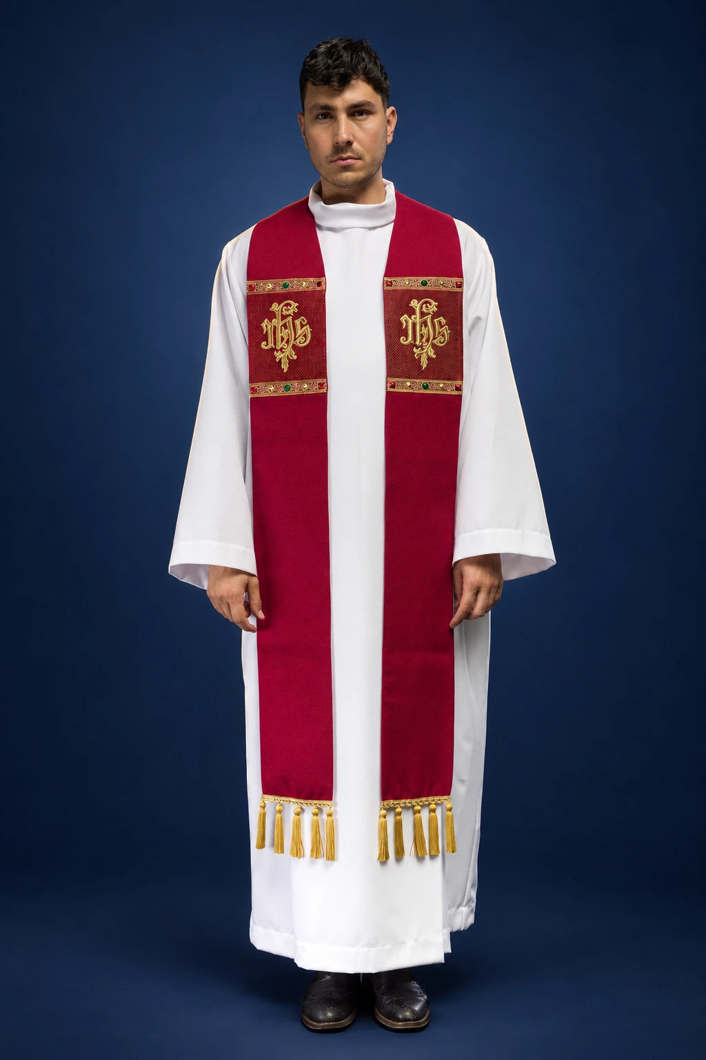 Red Embroidered Priest Stole with IHS Motif, front view with gold embroidery and tassels