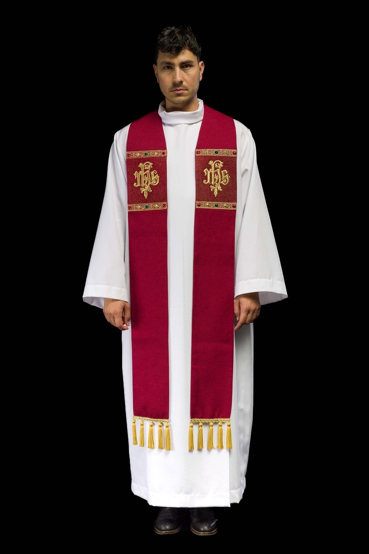 Red priest stole front view with gold IHS embroidery and decorative bands