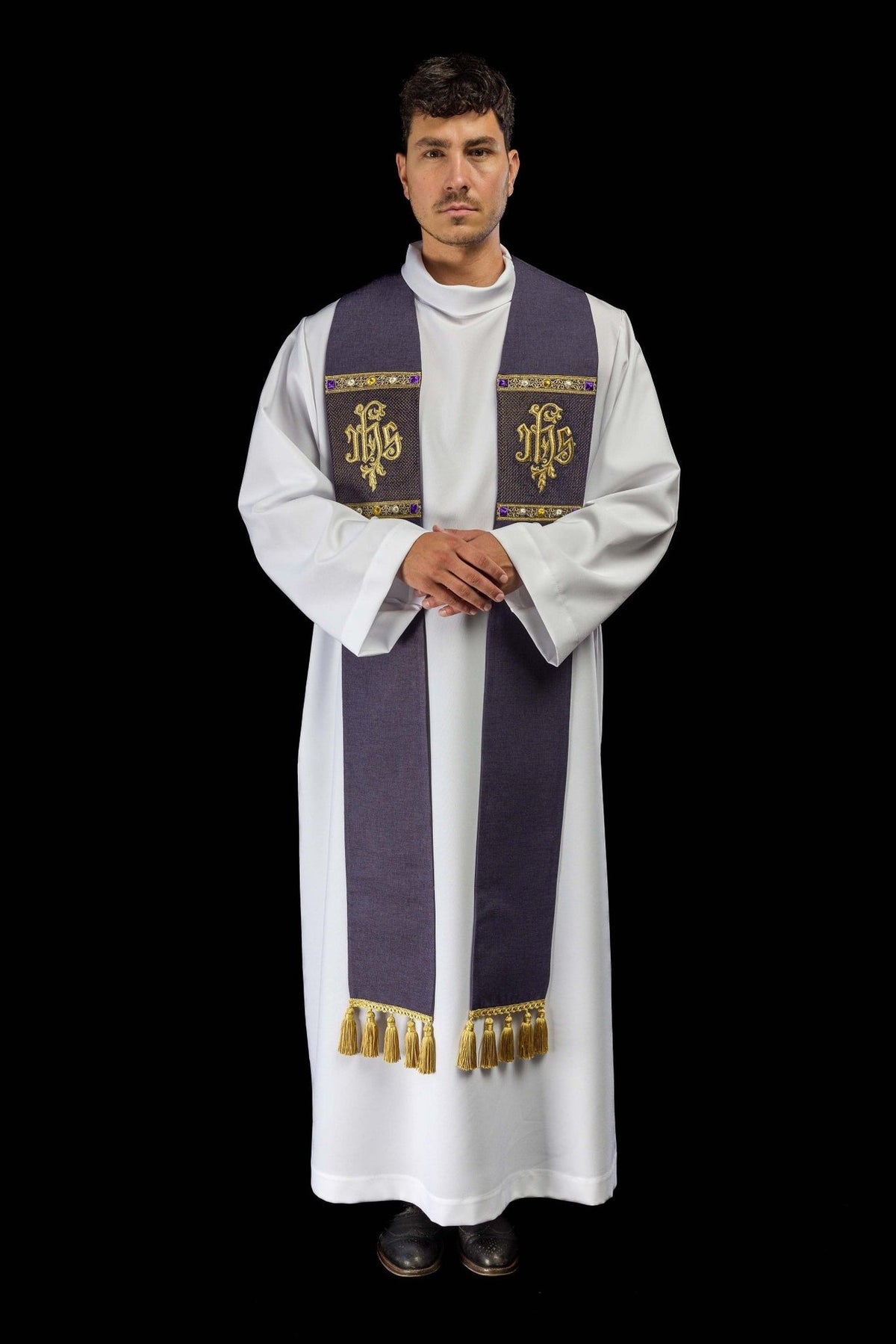 Purple priest stole front view showing IHS embroidery, decorative bands and tassels