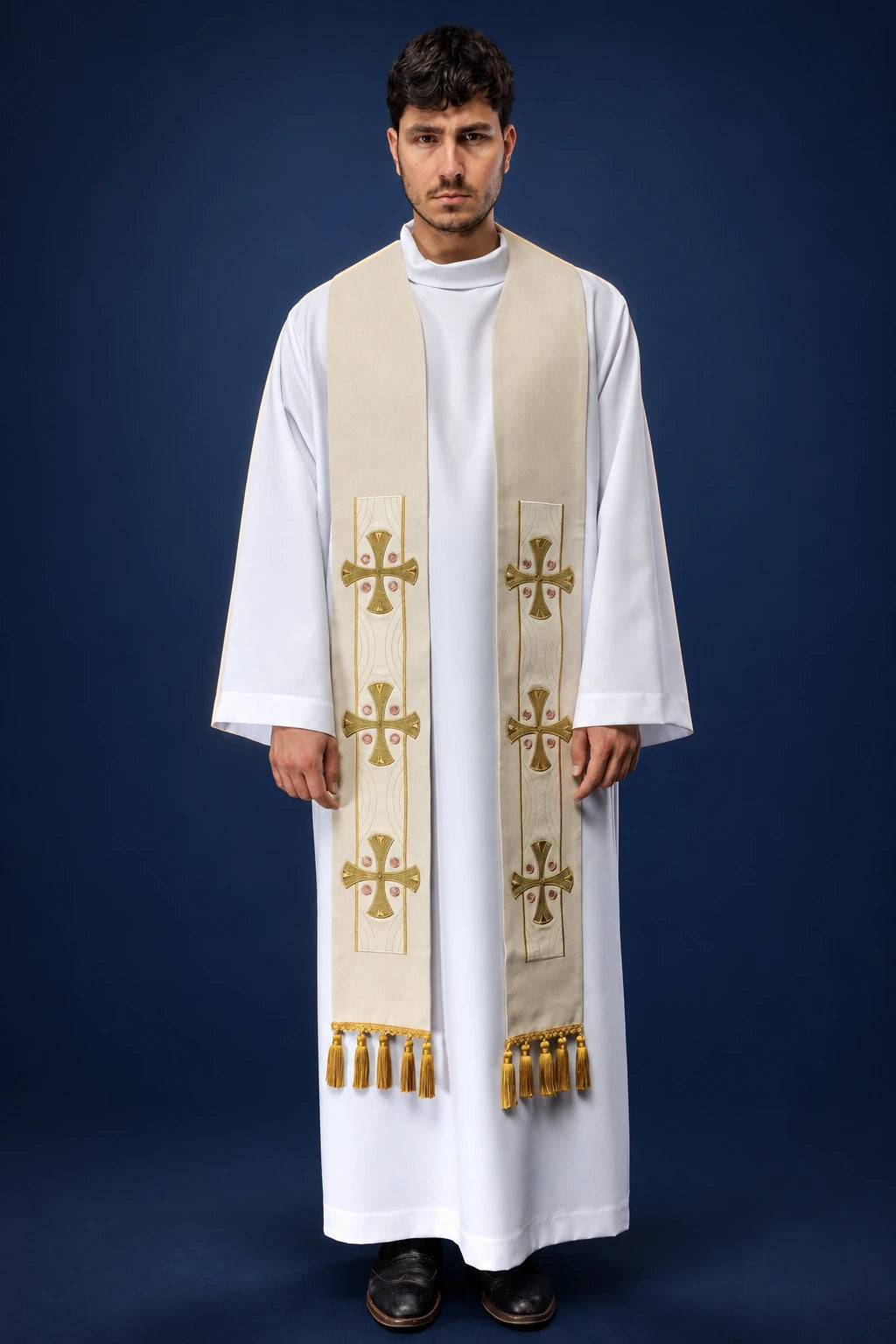 Embroidered Ecru Stole with Crosses worn front, showing gold cross embroidery and tasselled ends