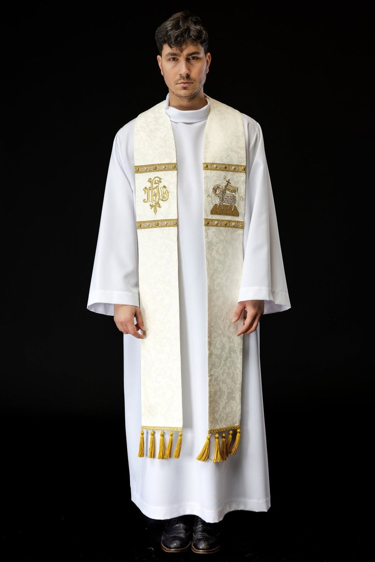 Ecru stole with Paschal Lamb and gold embroidery, full front view with tassels