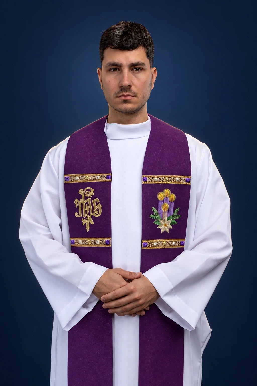 Embroidered Advent Stole Made from Shimmering Fabric worn front, purple with gold orphrey and IHS monogram