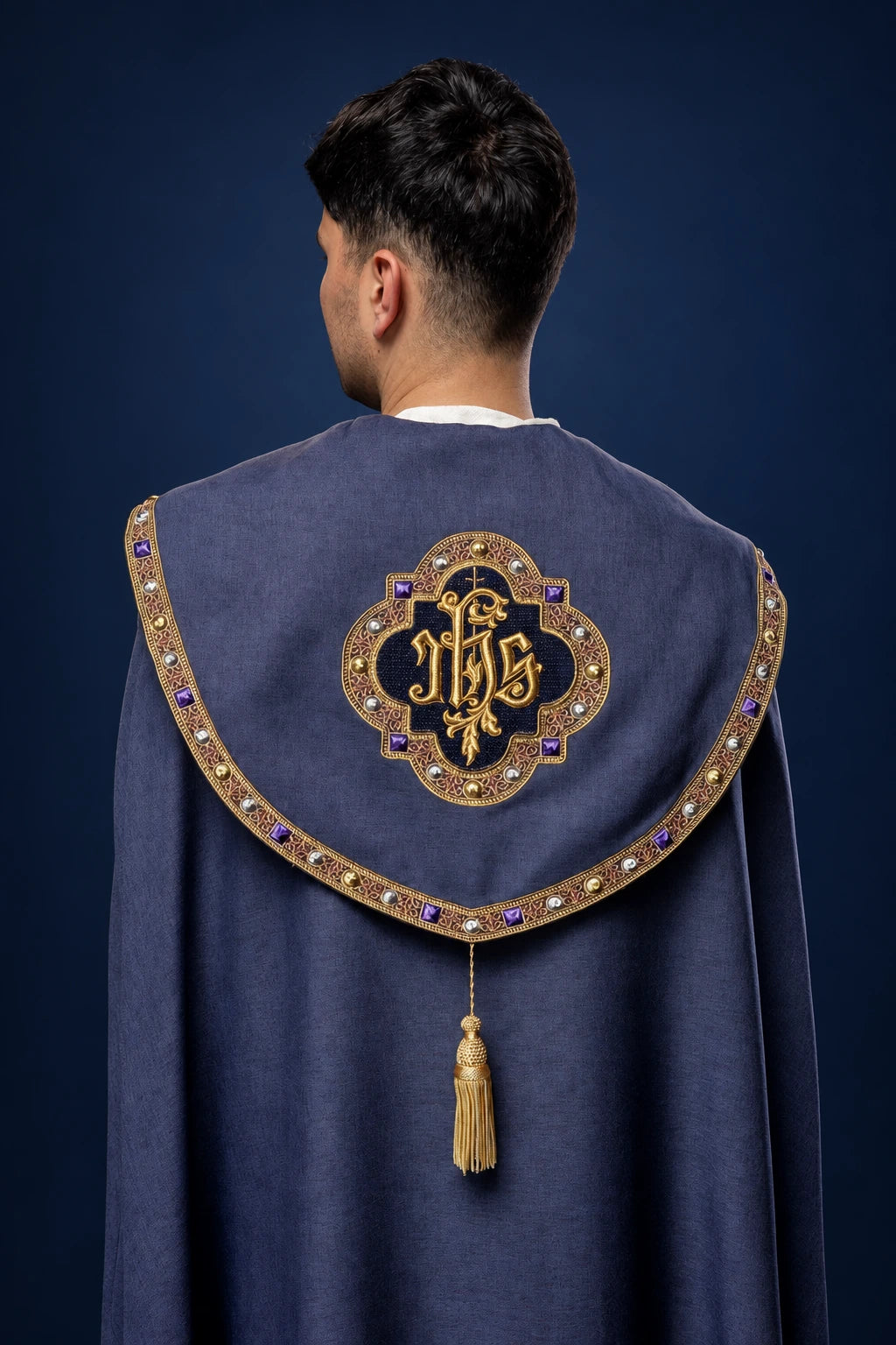 Purple Cope with Gold IHS, back view with gold embroidery, jeweled trim and tassel