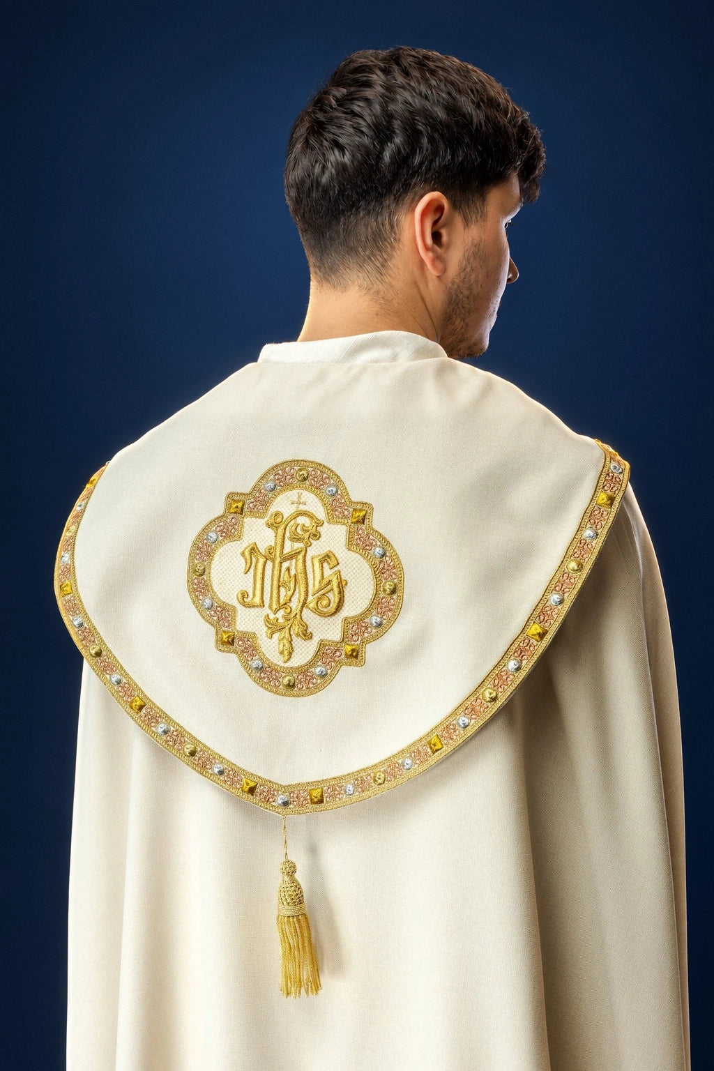 Ecru Cope with Gold IHS and Inner Stole, back view with gold IHS embroidery and decorated trim