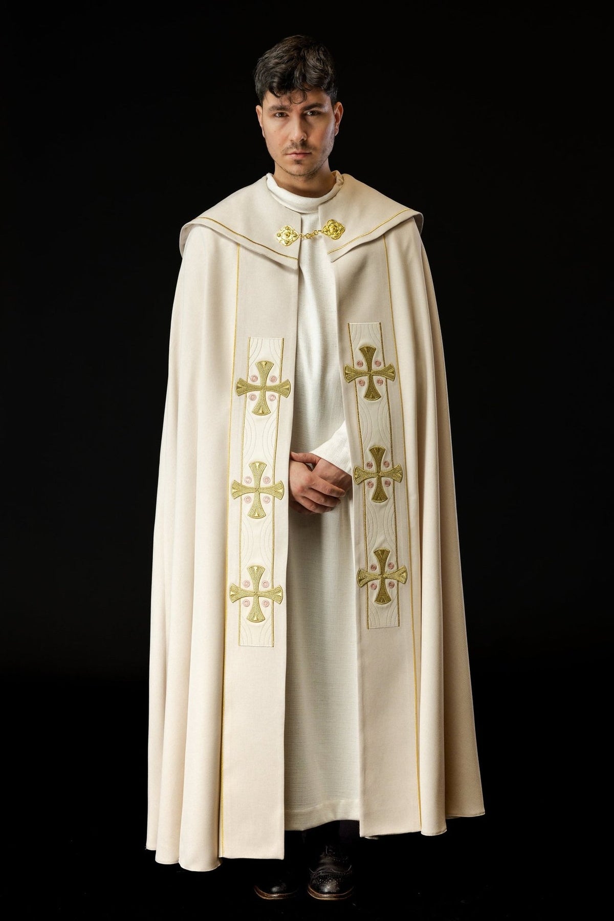 Ecru velvet cope, full front view with embroidered gold crosses
