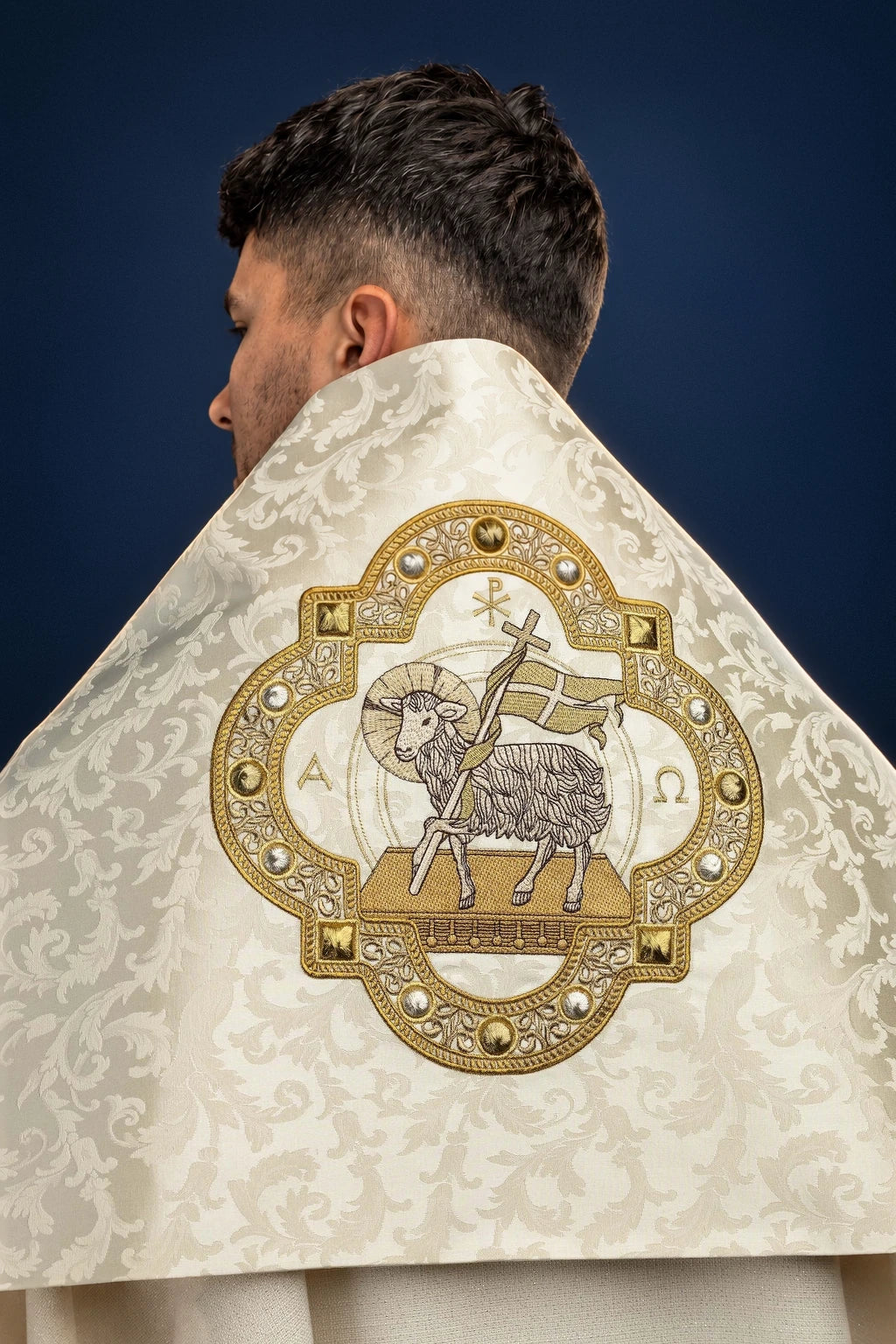 Humeral Veil with Paschal Lamb Embroidery on Jacquard Fabric, back view in ecru with gold embroidery