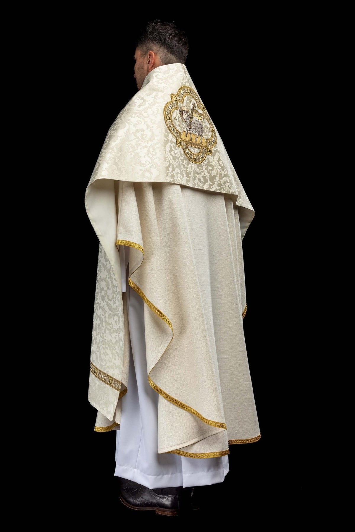 Humeral veil side back view showing Paschal Lamb embroidery and gold edging