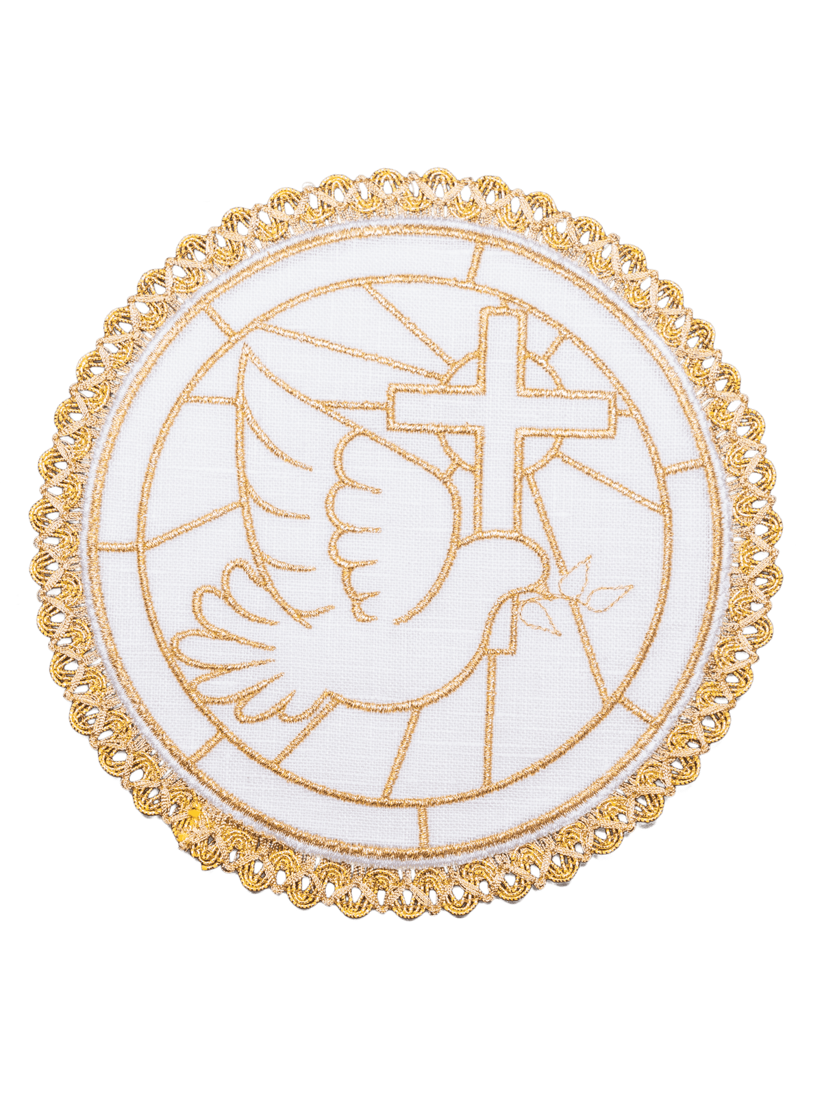 Round chalice pall with gold embroidery, dove and cross motif, and decorative edge