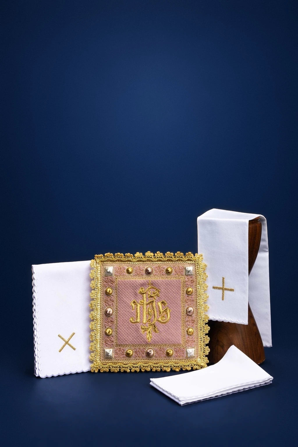 Rose Velvet Altar Linen Set with Embroidered IHS Symbol, full set view with white linens and rose velvet corporal