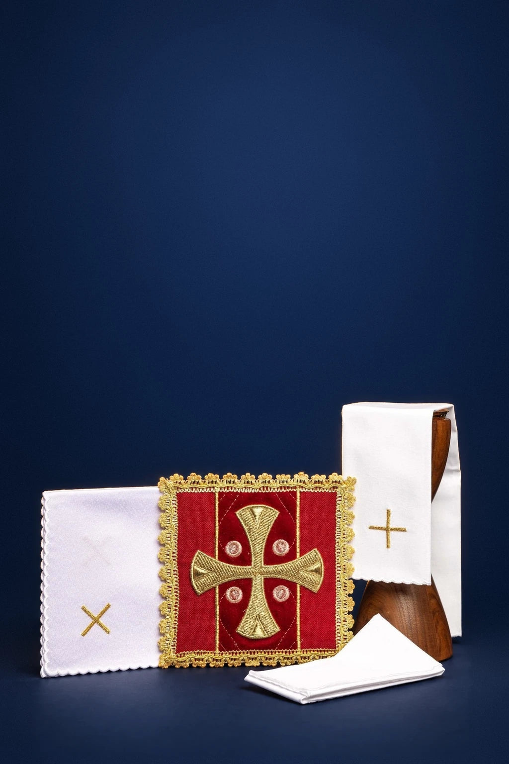 Red Embroidered Altar Linen Set on Velvet, full set with red cross corporal and white linens