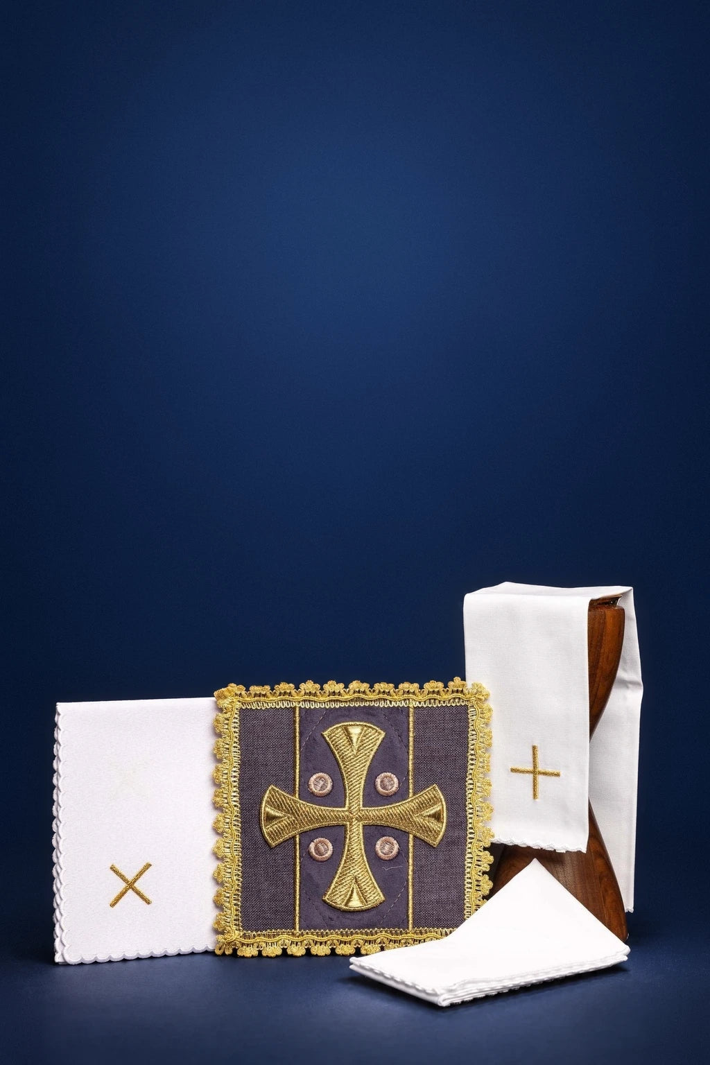 Purple Embroidered Altar Linen Set on Velvet, full set with purple chalice pall, gold cross embroidery and white linens