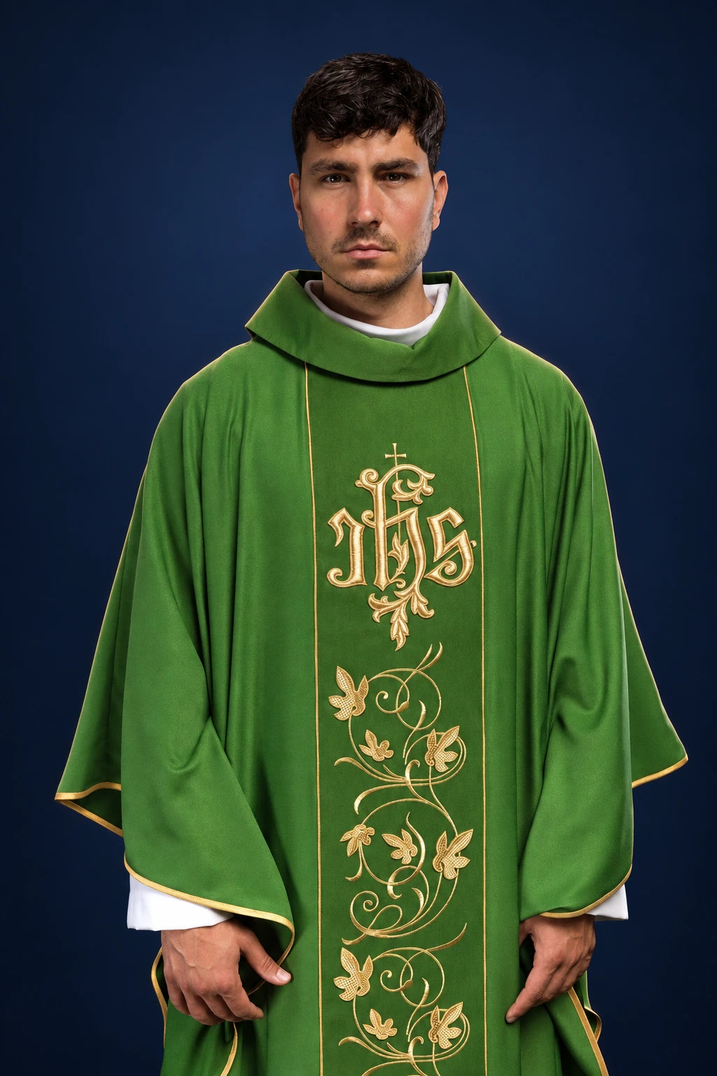 Green Liturgical Chasuble with Embroidered Floral Orphrey and IHS, front view with stand-up collar