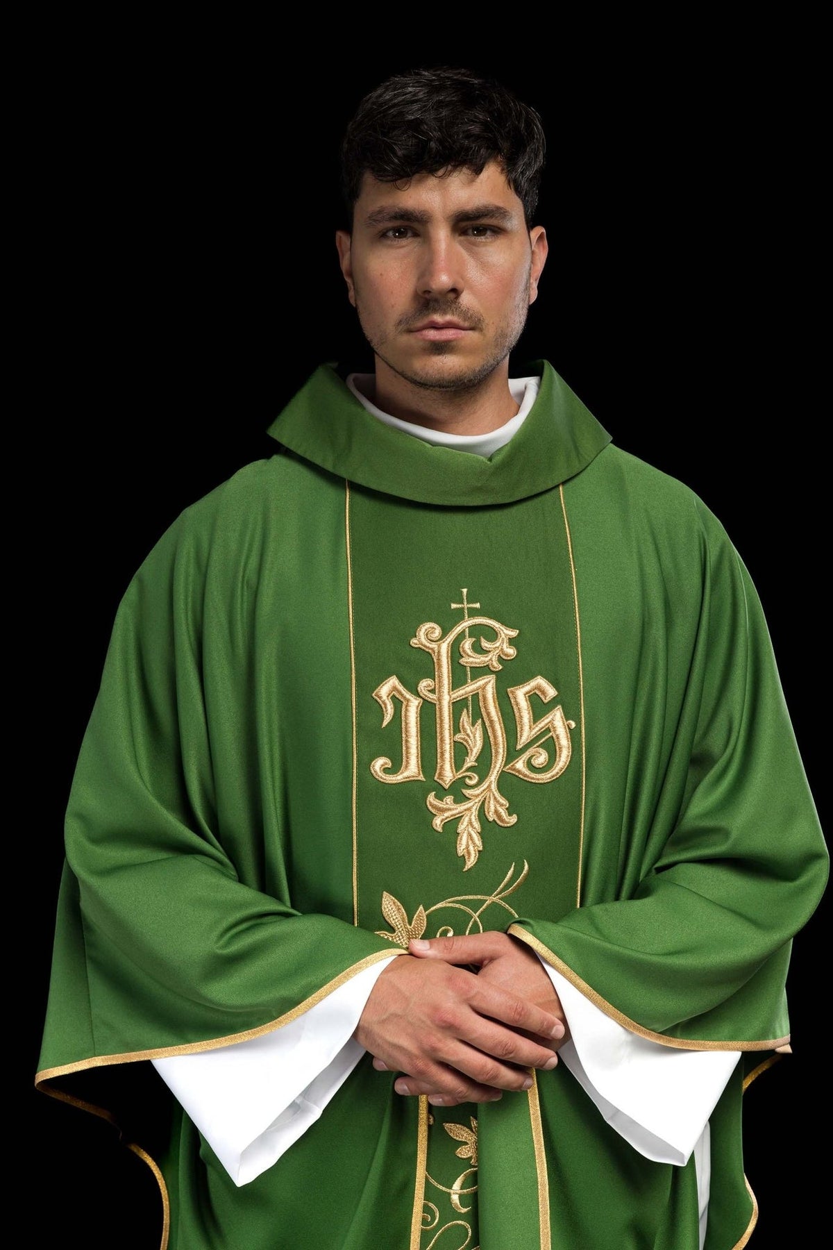 Green chasuble, front close-up showing stand-up collar and gold IHS embroidery