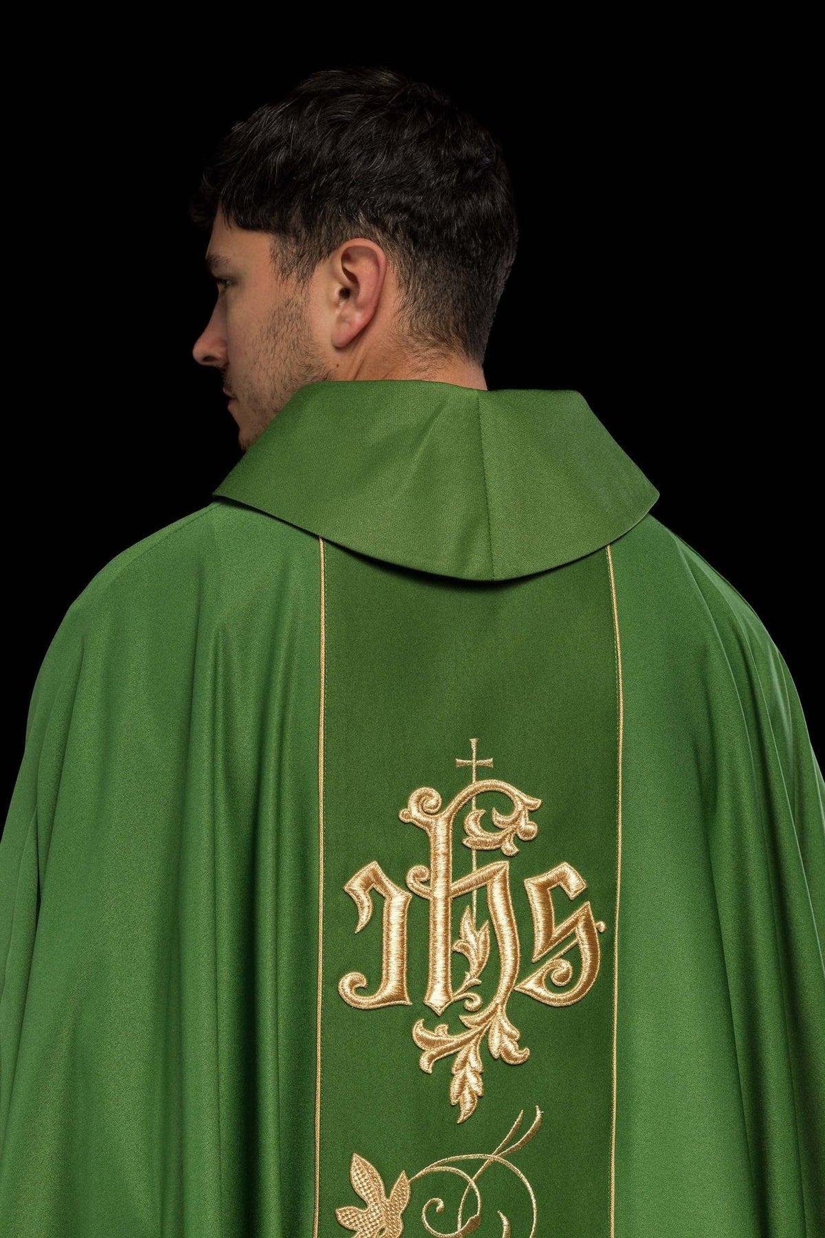 Green chasuble, back view with gold IHS and floral orphrey embroidery