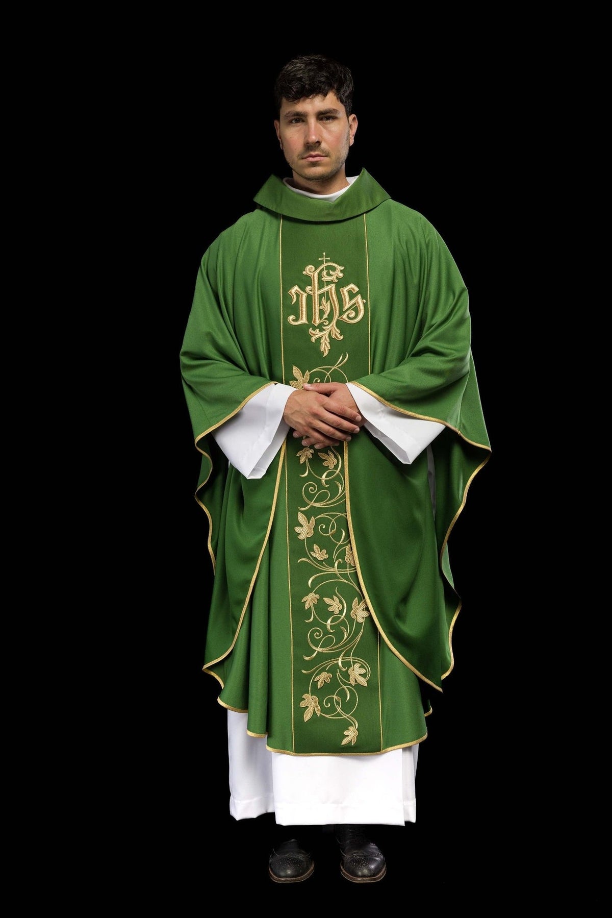 Green chasuble, full front view with gold-trimmed edges and floral embroidery