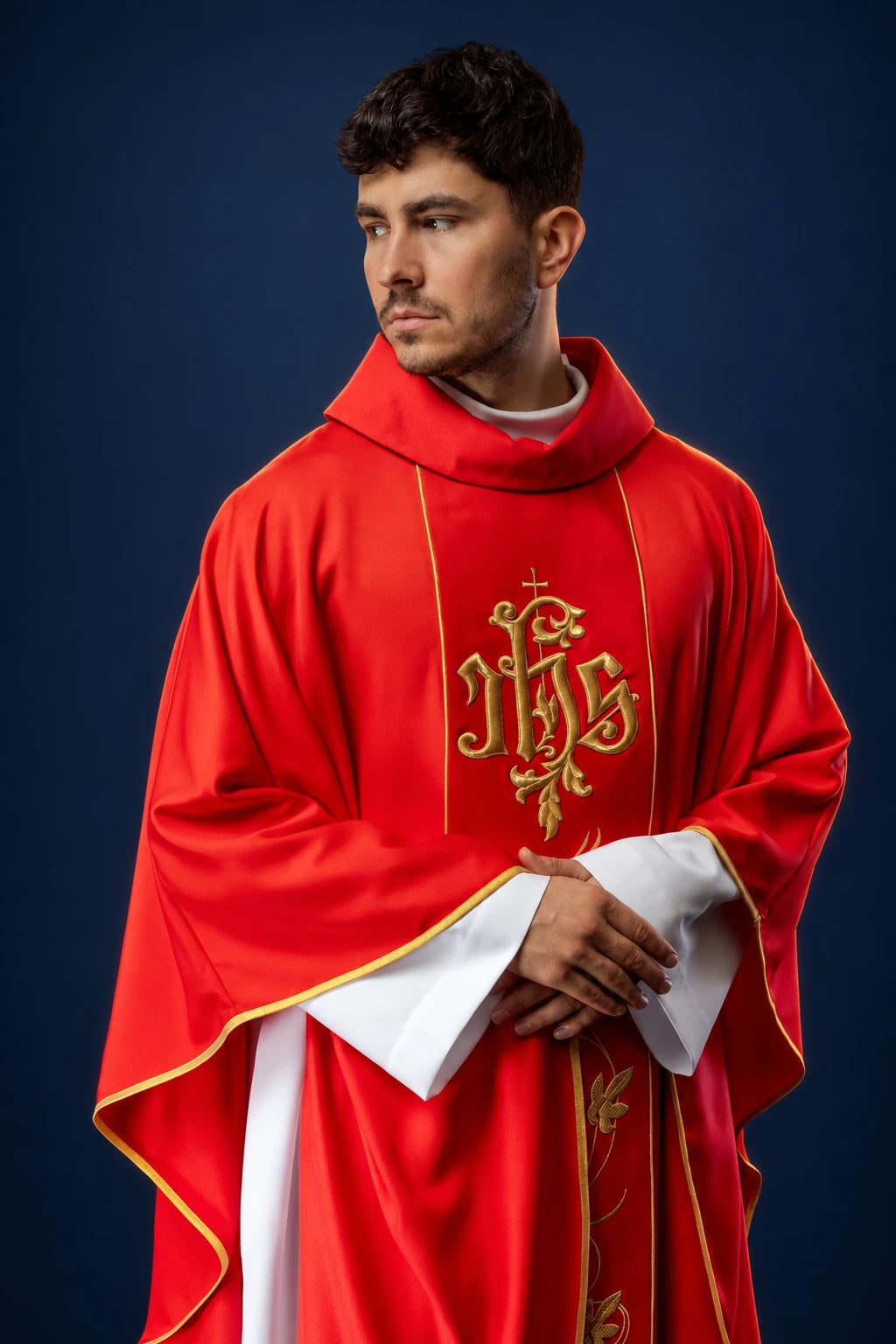 Red Liturgical Chasuble with Richly Embellished Floral Orphrey and IHS, front view with stand-up collar