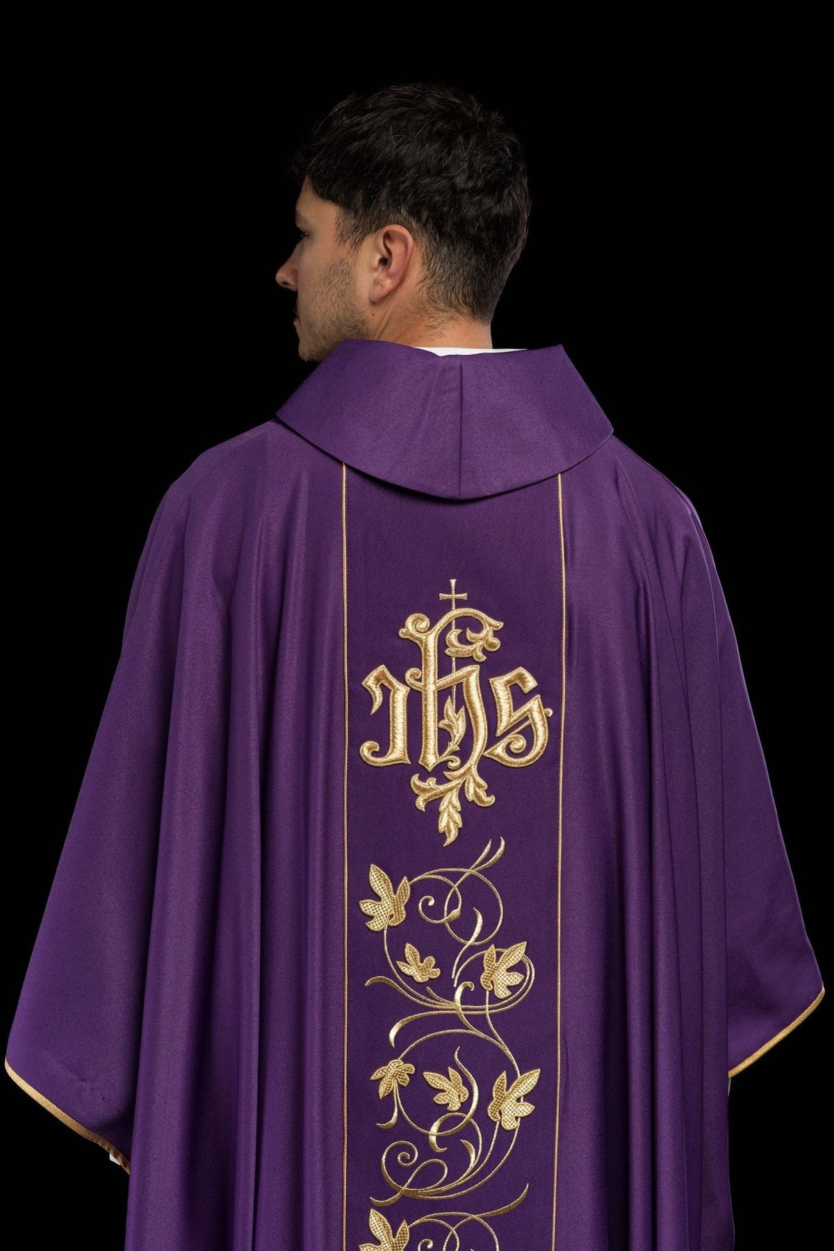 Purple chasuble, back view with gold IHS and floral orphrey