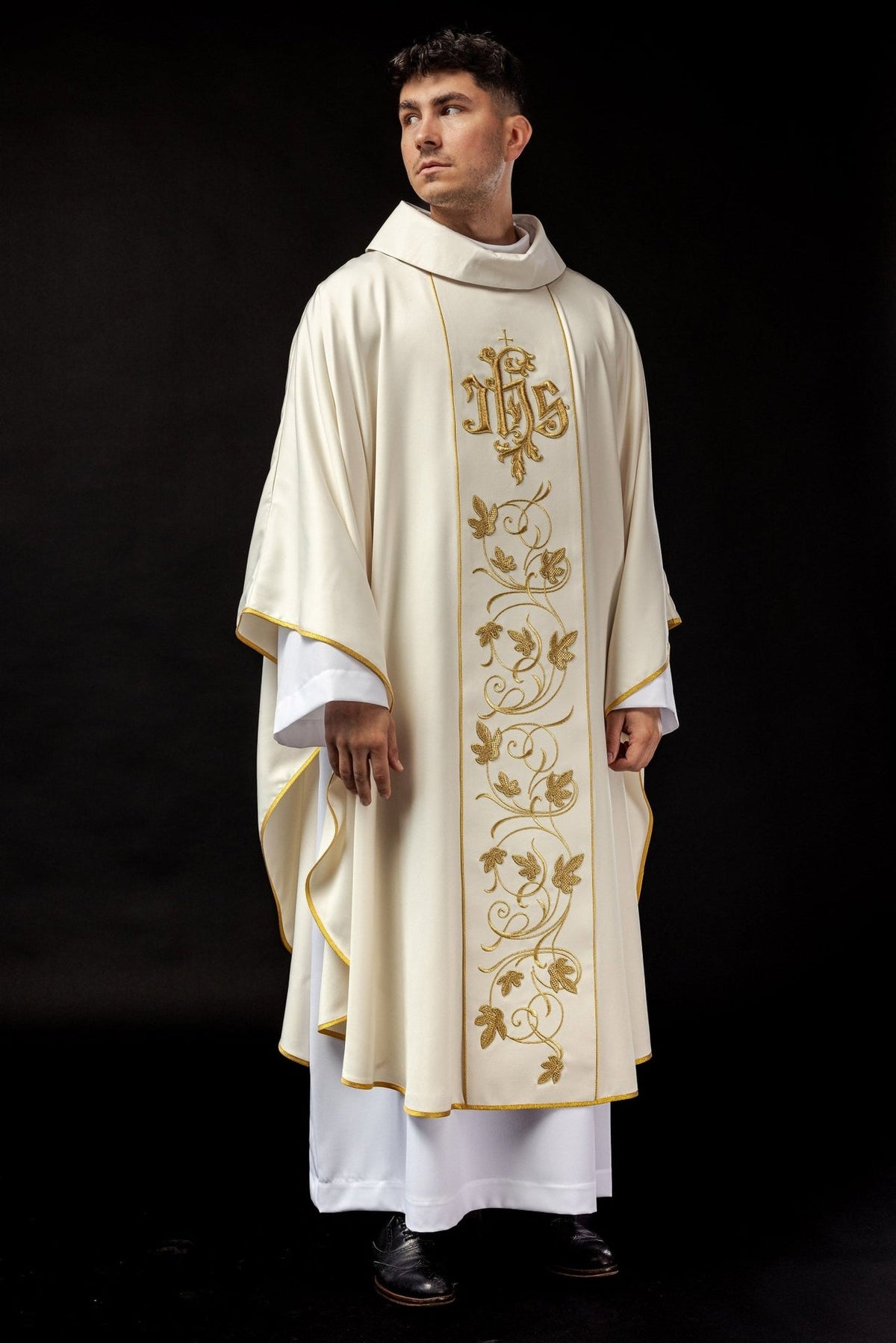 Ecru chasuble, full front view with gold floral orphrey and IHS embroidery