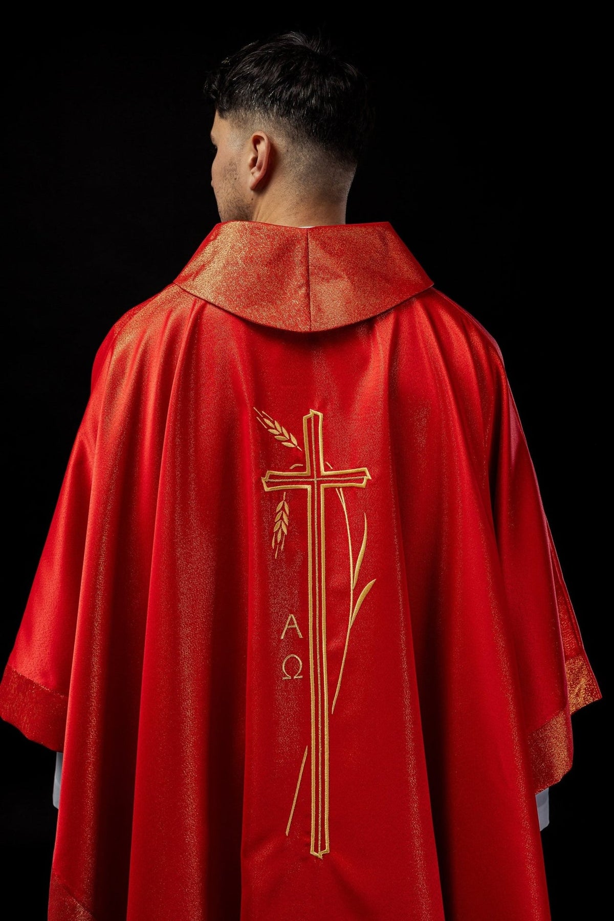 Red chasuble, back view with gold cross and wheat embroidery