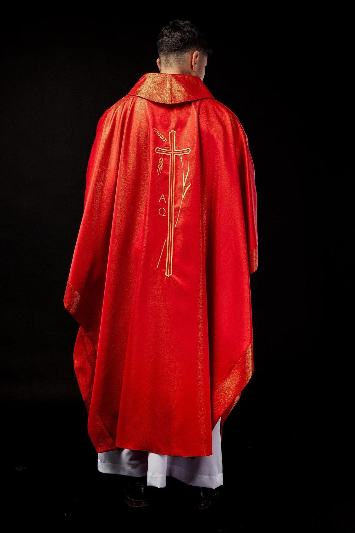 Red chasuble, full back view with gold embroidered cross and wheat