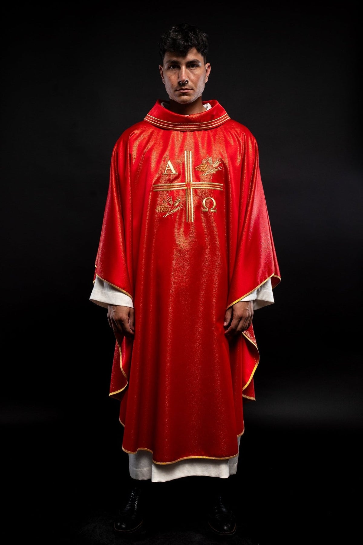 Red chasuble, full front view with gold embroidered cross, Alpha Omega and wheat motifs