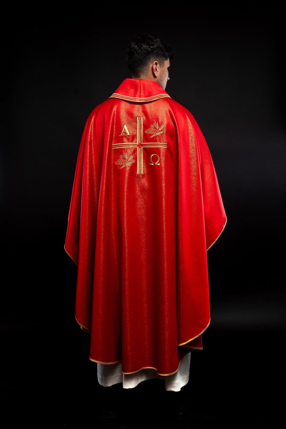 Red chasuble, back view with gold embroidered cross, Alpha Omega and wheat motifs